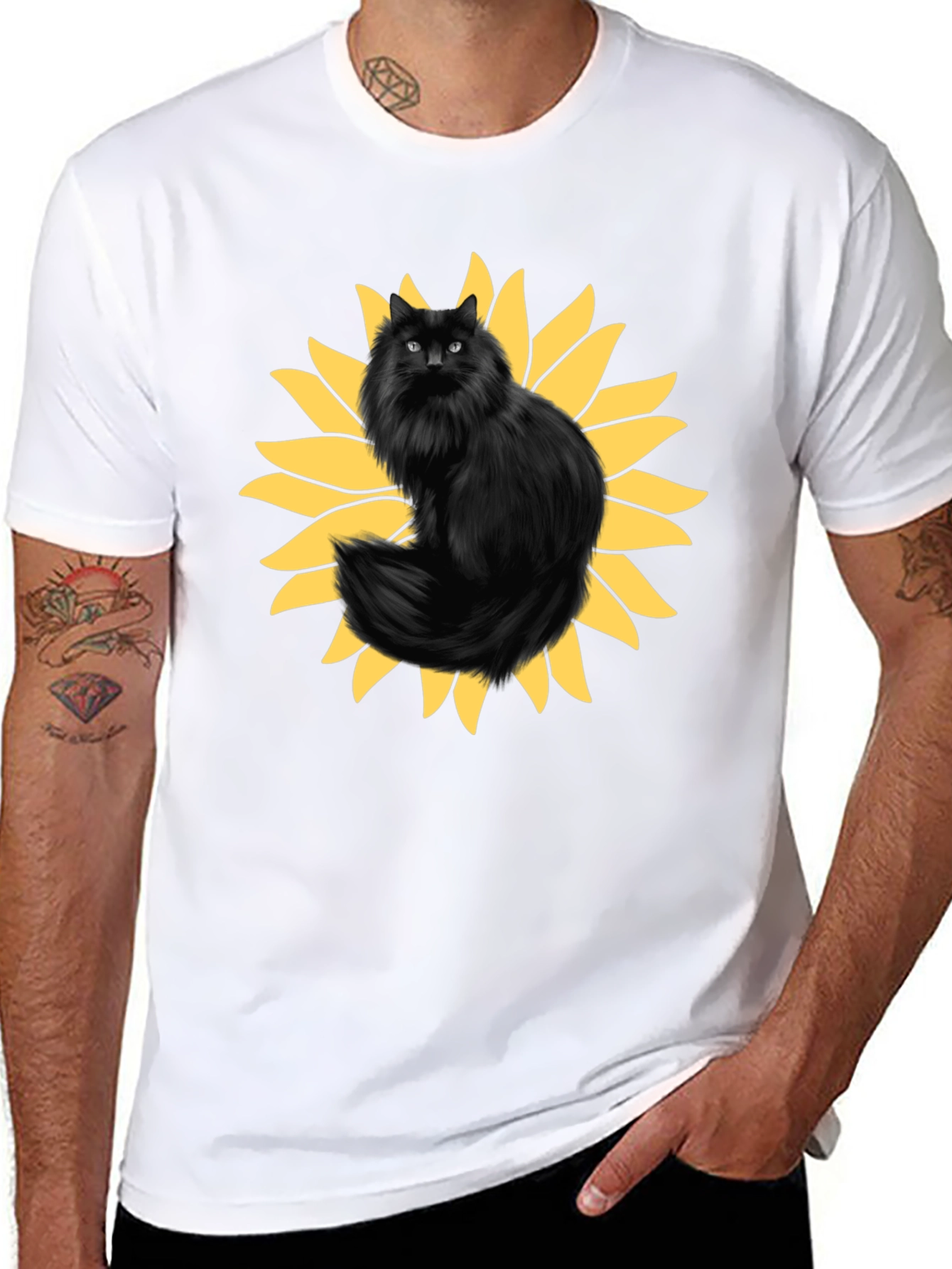 Sunflower Cat Graphic Tee - Black Cotton T-Shirt