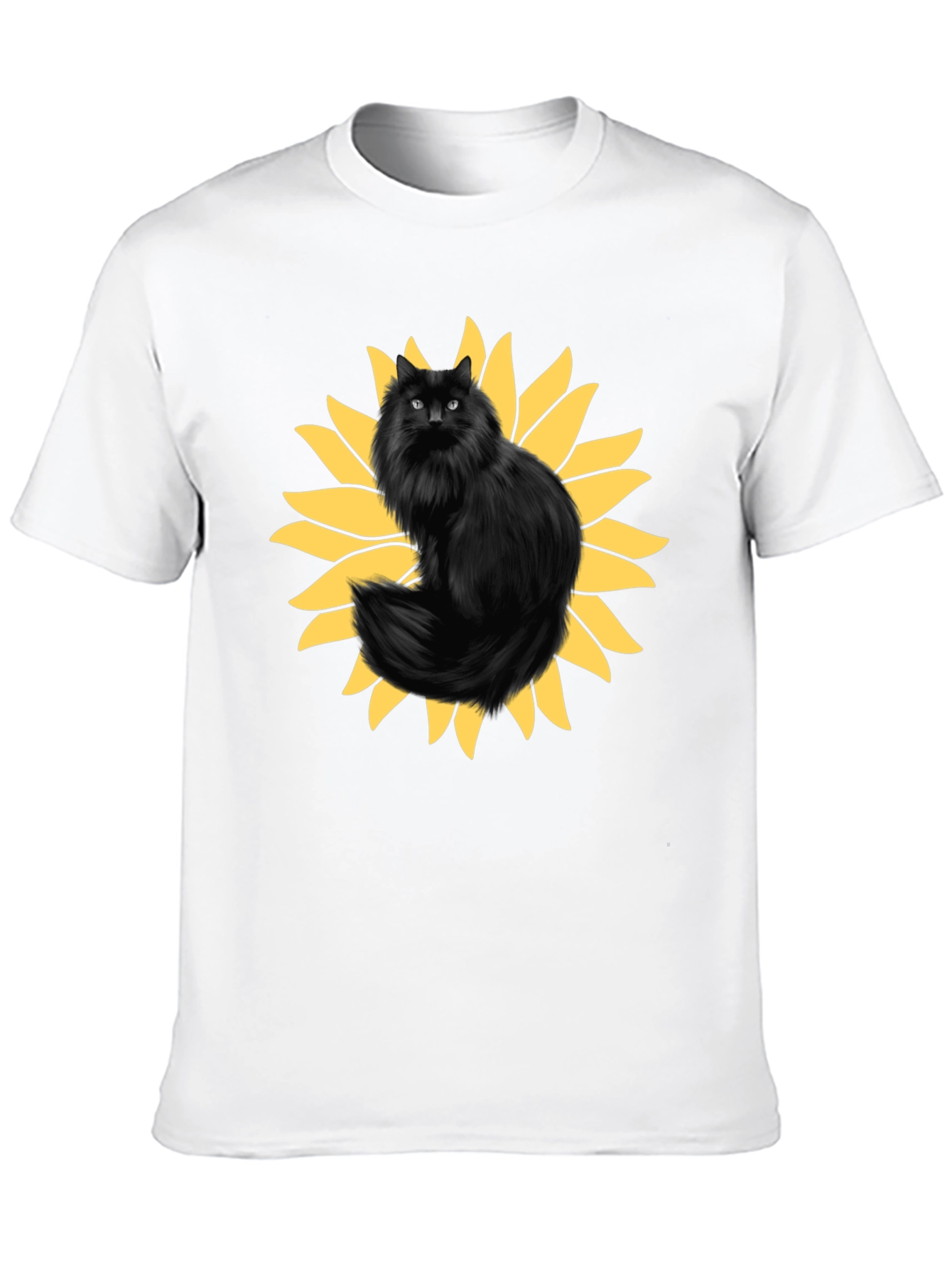 Sunflower Cat Graphic Tee - Black Cotton T-Shirt