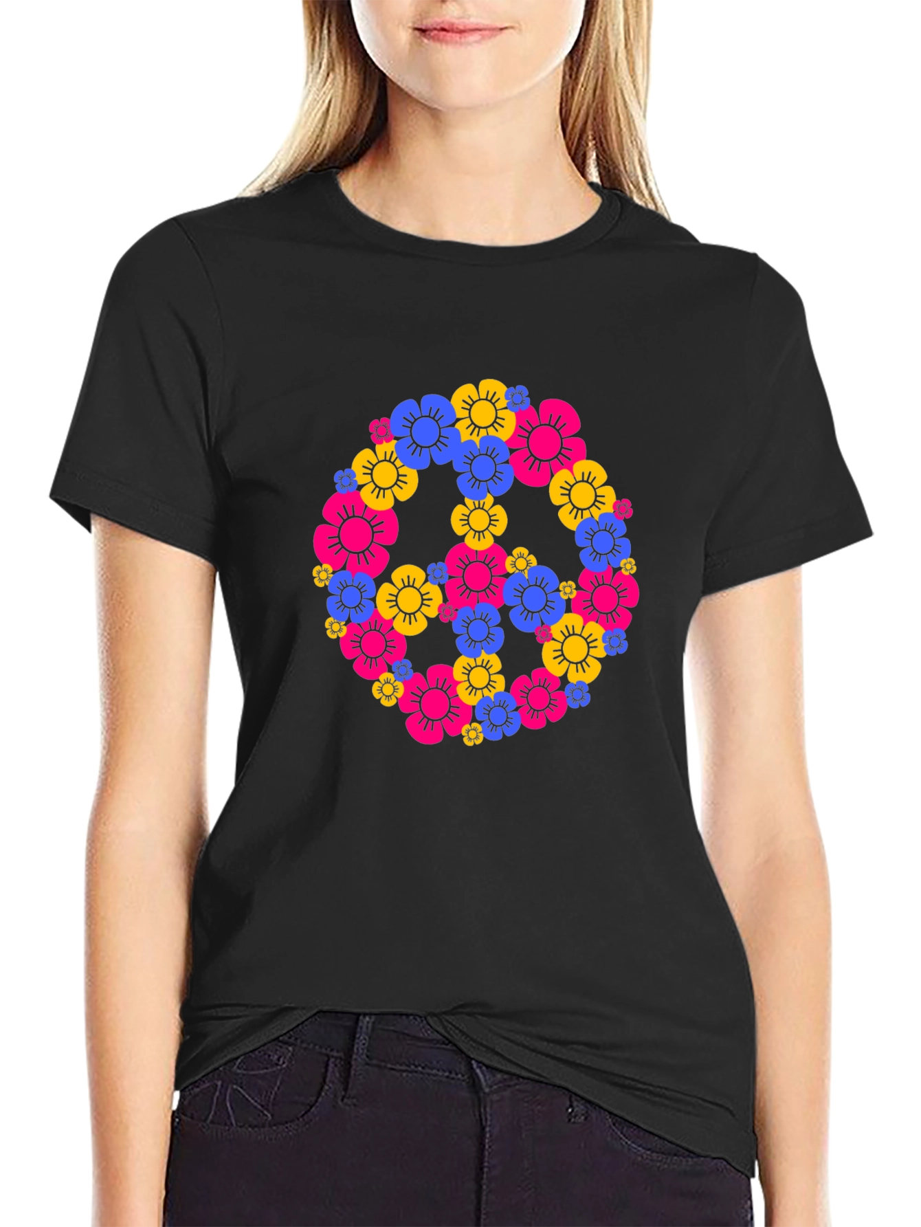 Floral Peace Sign Black T-Shirt