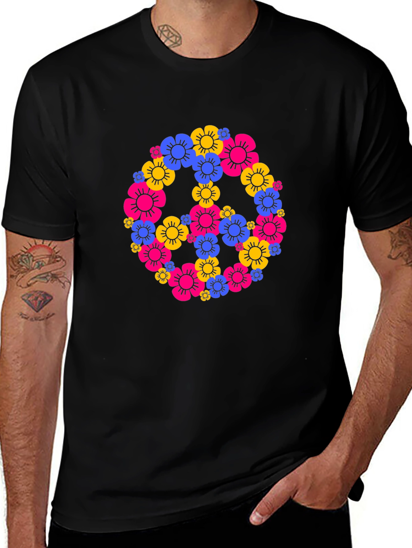Floral Peace Sign Black T-Shirt