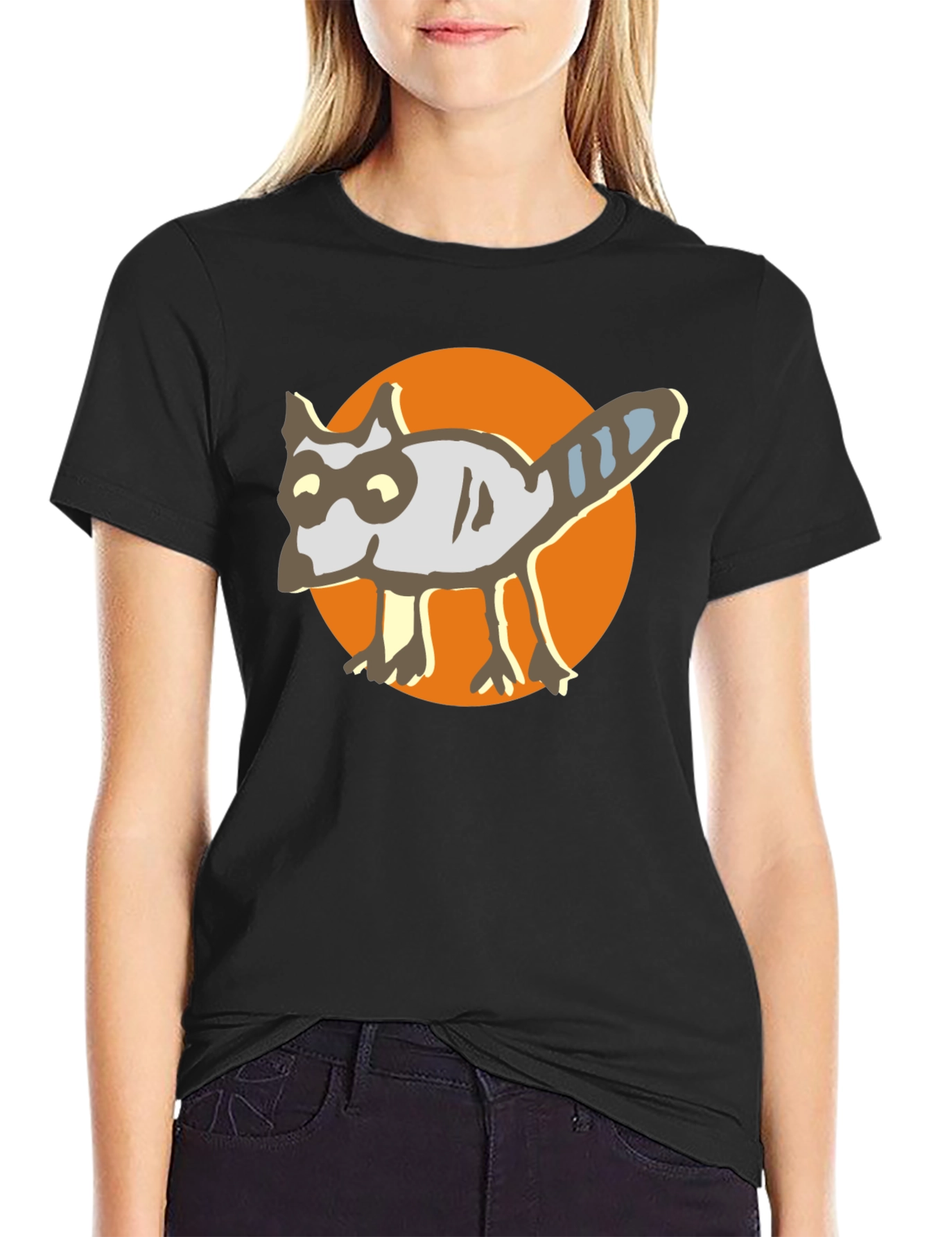Cartoon Raccoon Graphic Tee - Black