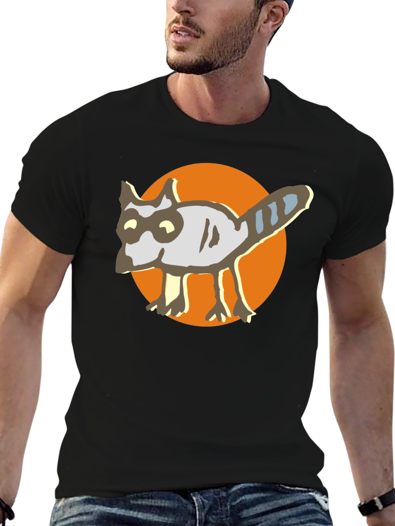 Cartoon Raccoon Graphic Tee - Black