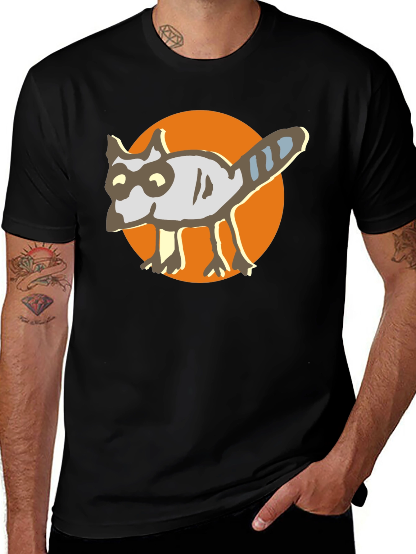 Cartoon Raccoon Graphic Tee - Black