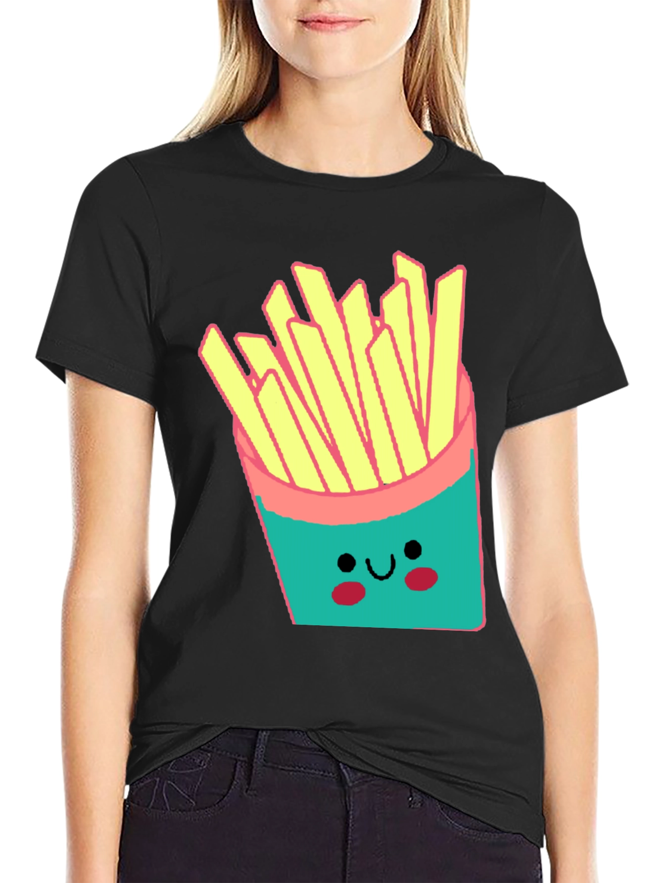 Cute French Fries Graphic Black T-Shirt