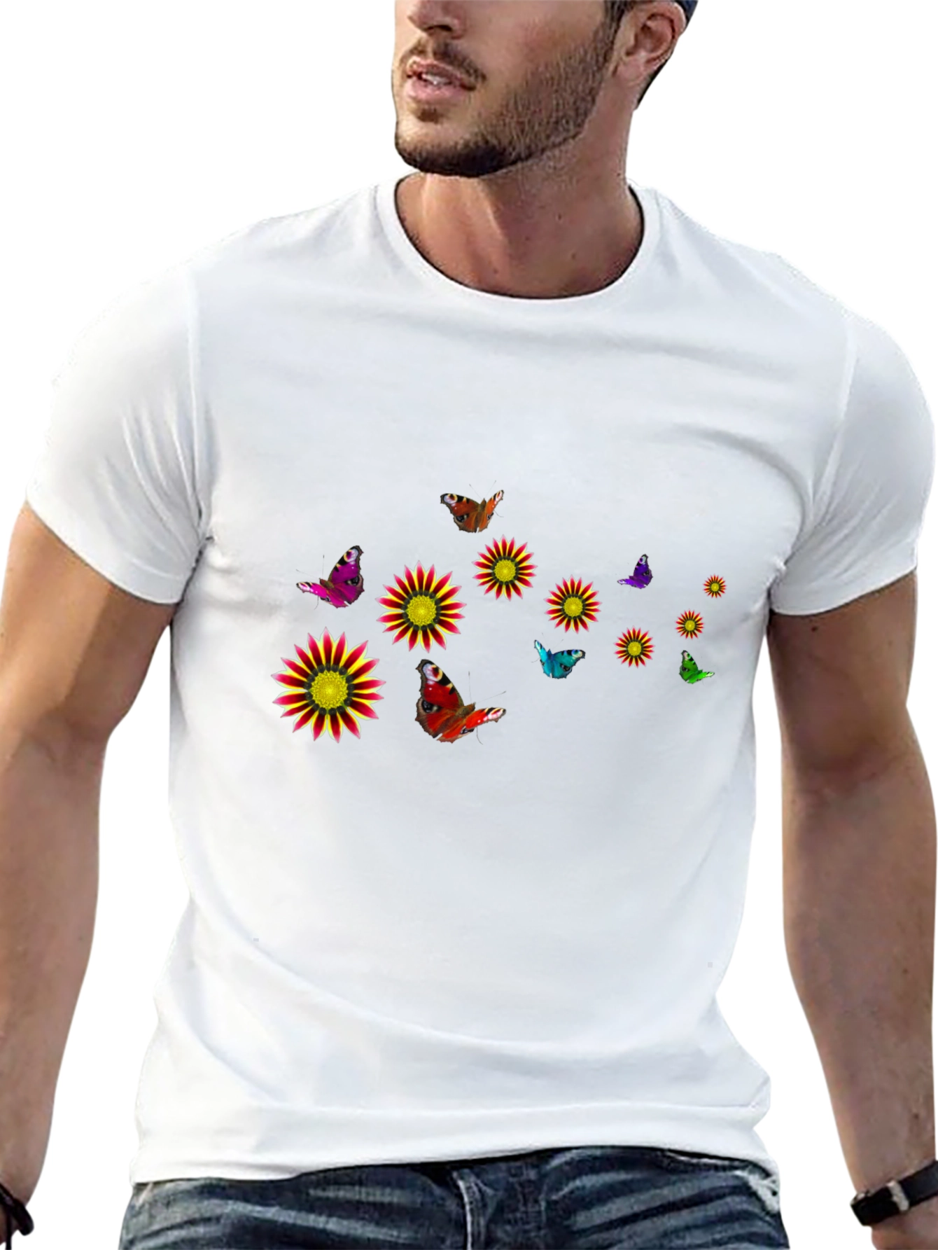 Black T-Shirt with Floral & Butterfly Design