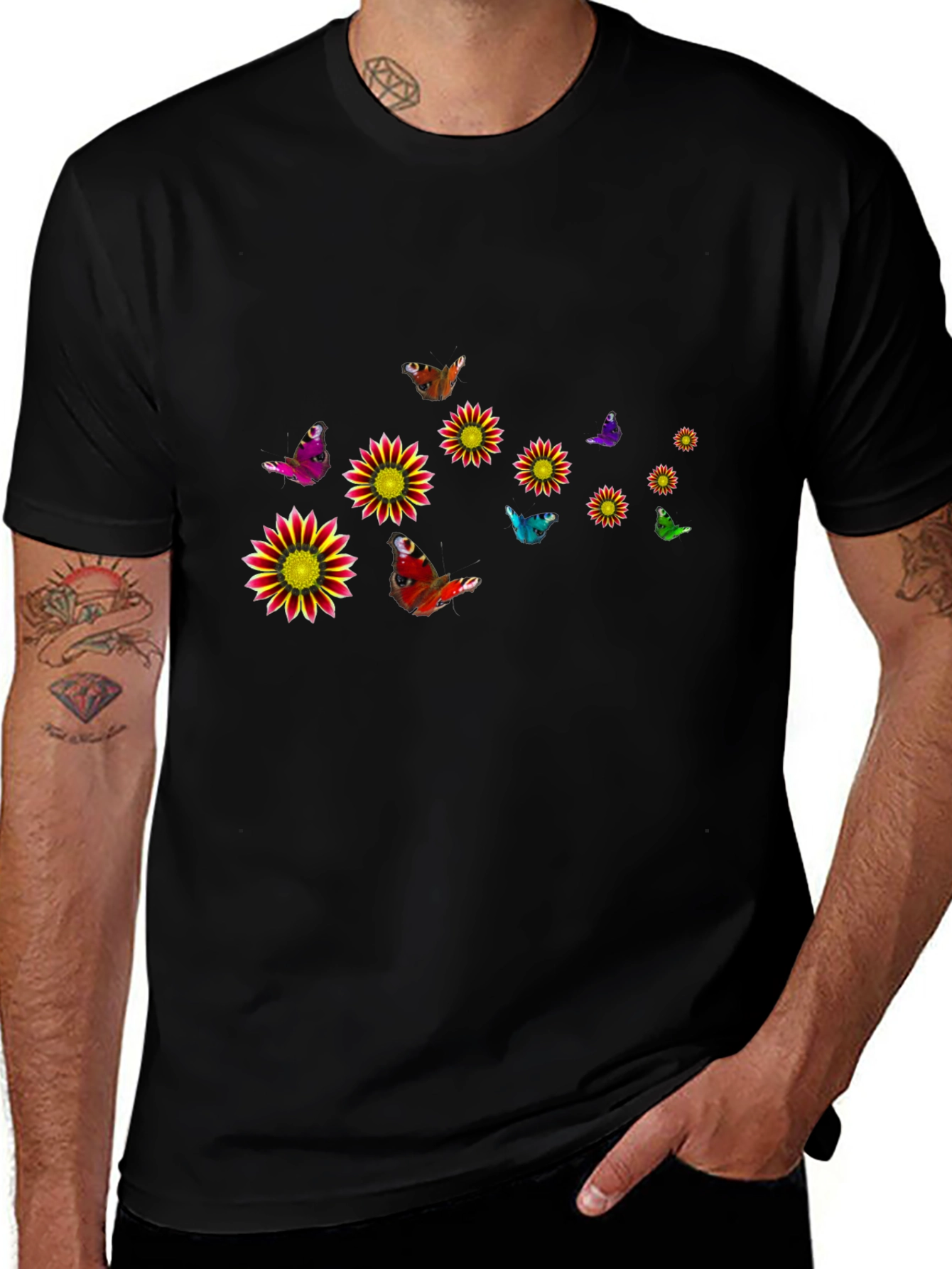Black T-Shirt with Floral & Butterfly Design