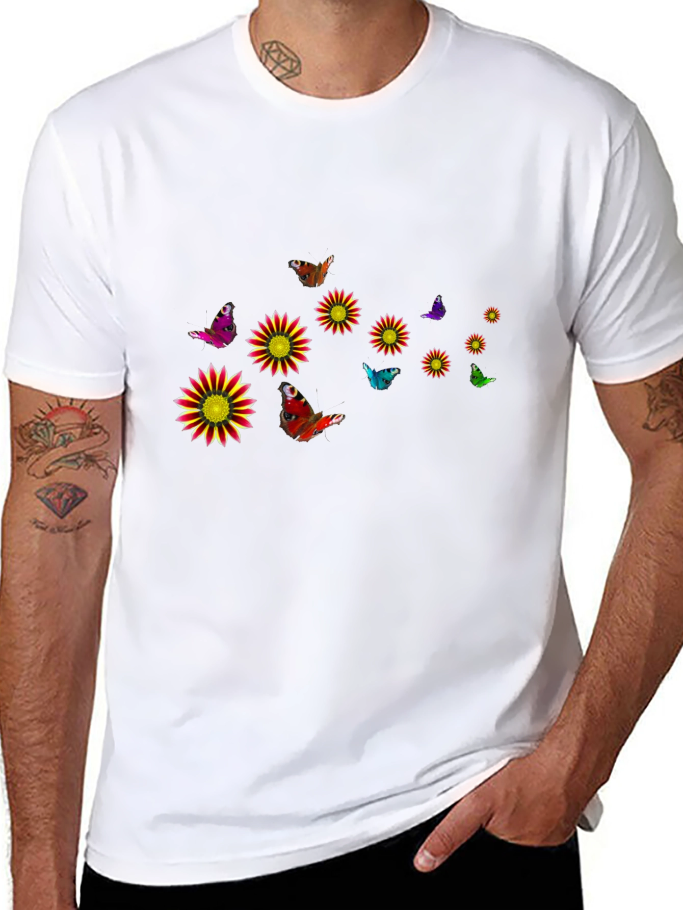 Black T-Shirt with Floral & Butterfly Design