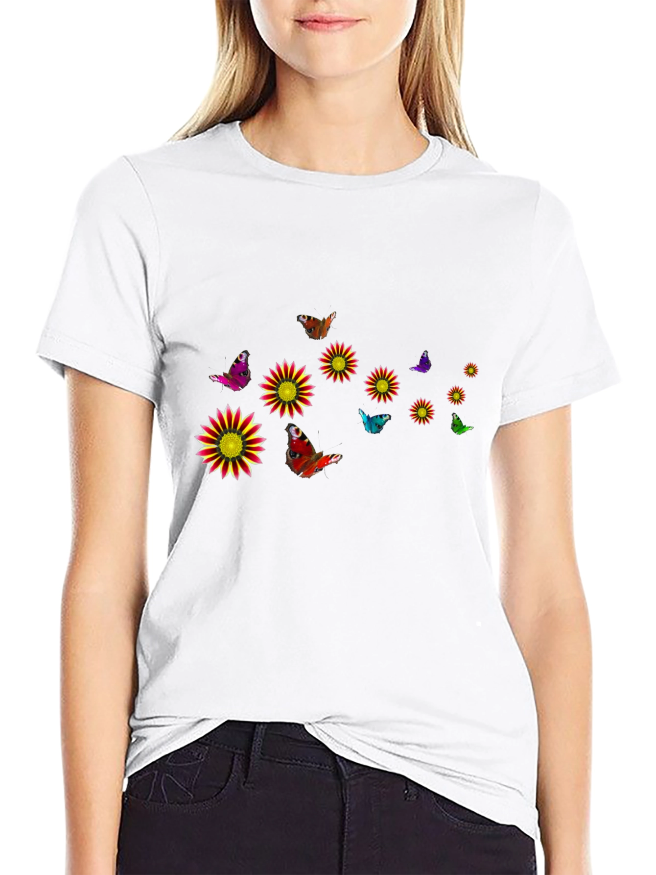 Black T-Shirt with Floral & Butterfly Design