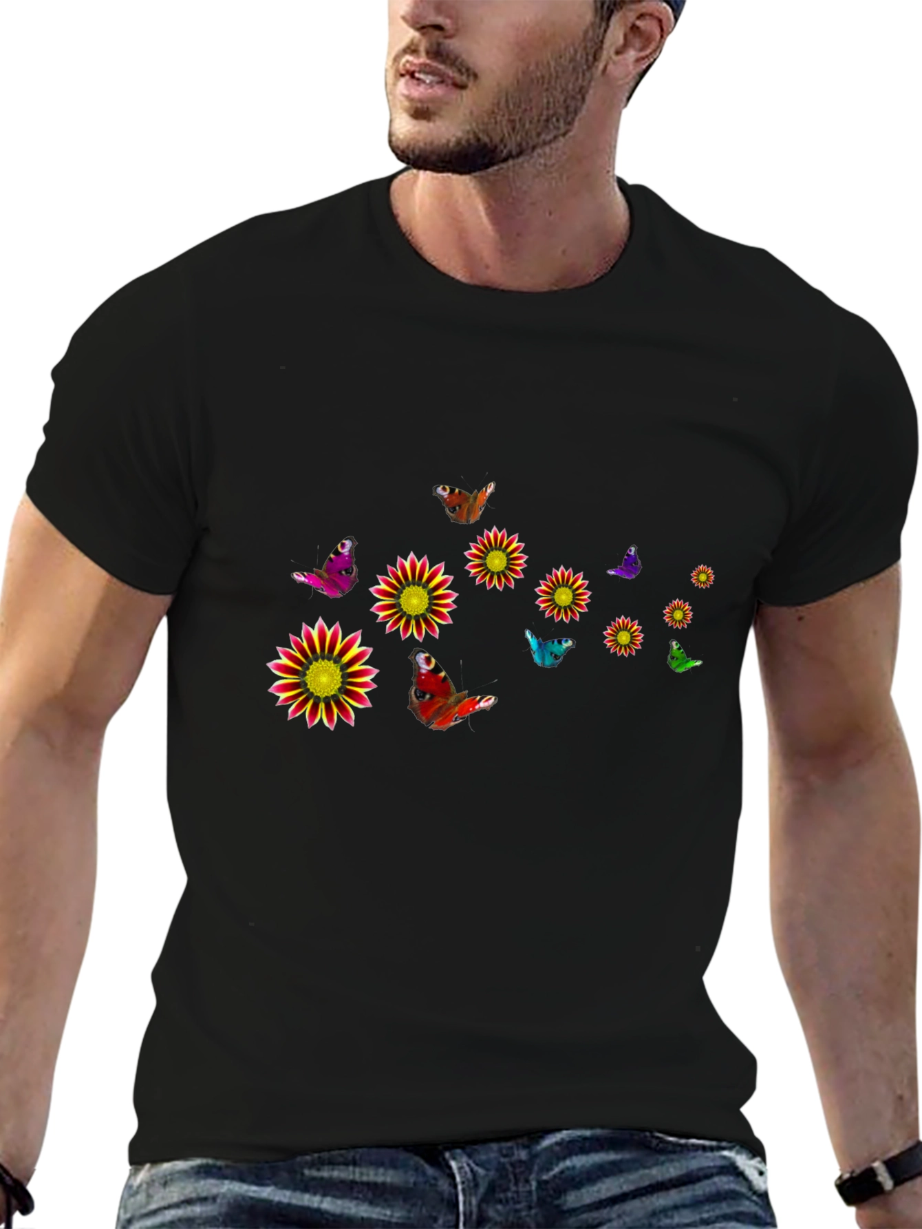 Black T-Shirt with Floral & Butterfly Design