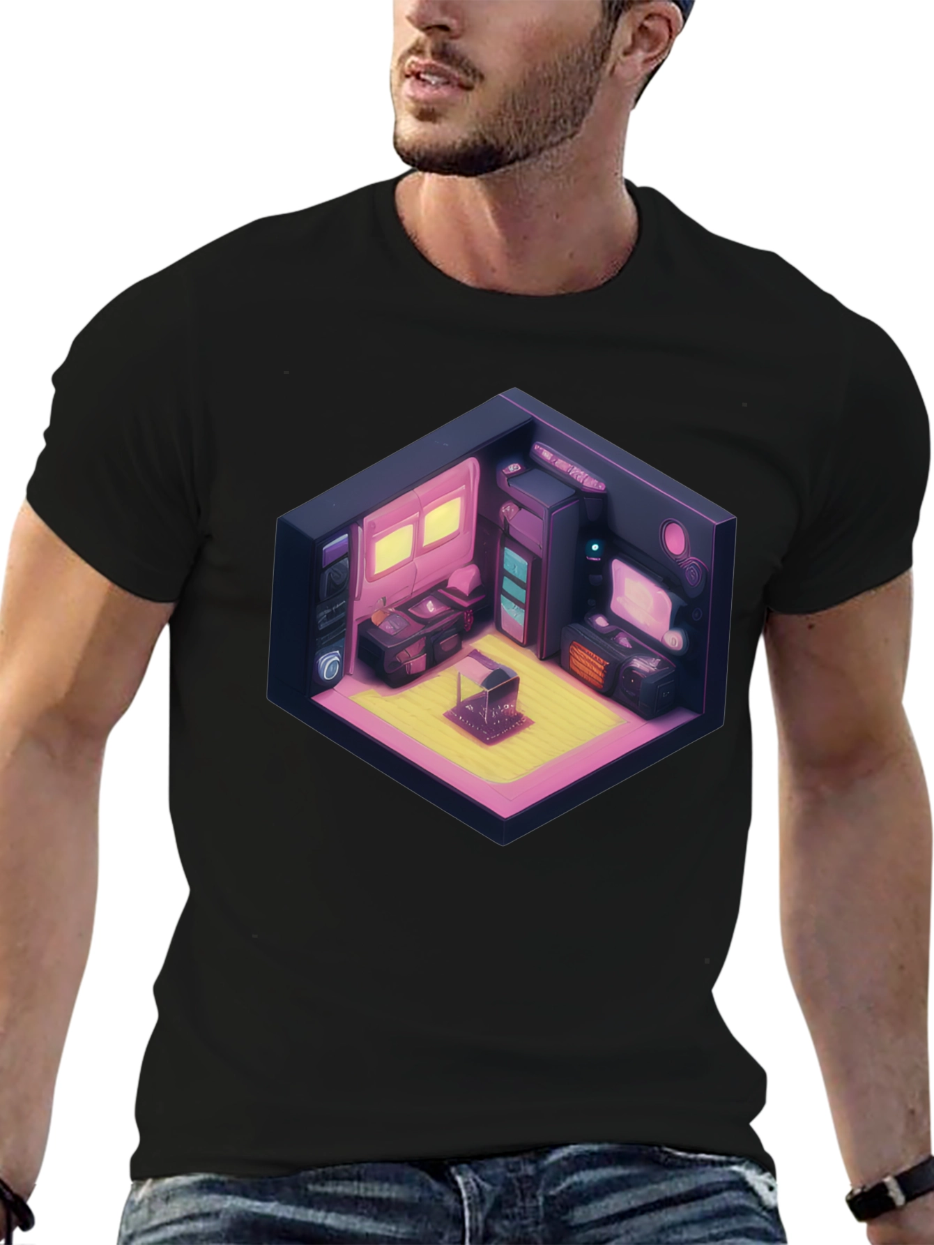 Retro Isometric Room Black T-Shirt