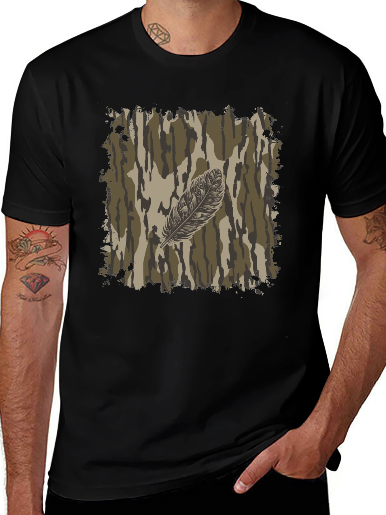 Camo Feather Graphic Tee - Mens Black T-Shirt