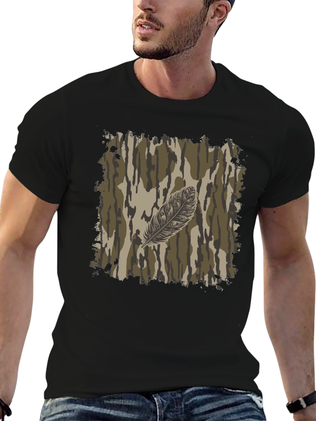 Camo Feather Graphic Tee - Mens Black T-Shirt