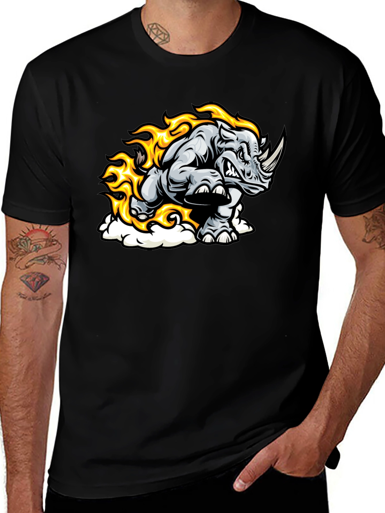 Fiery Rhino Graphic T-Shirt - Black Cotton Tee