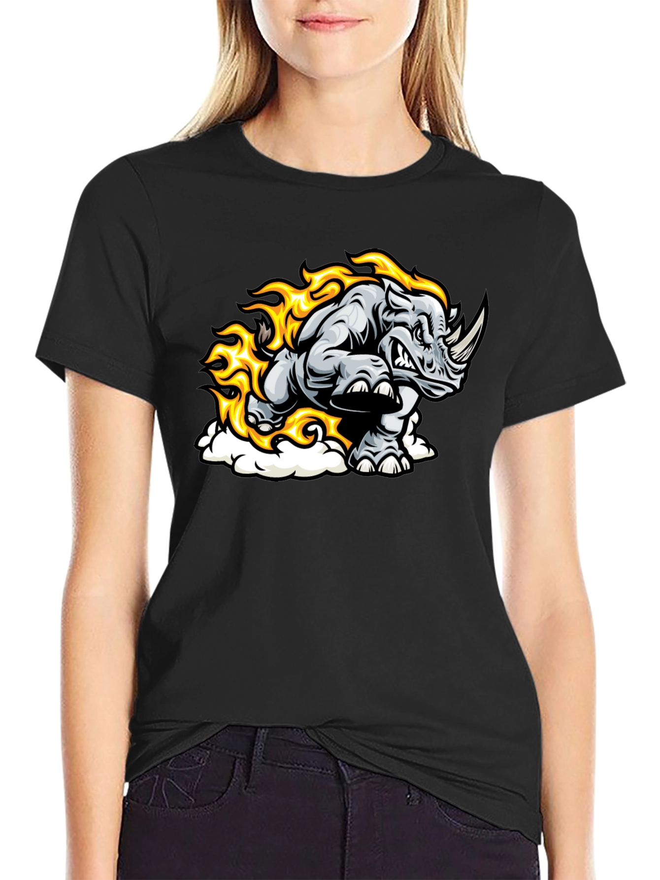 Fiery Rhino Graphic T-Shirt - Black Cotton Tee