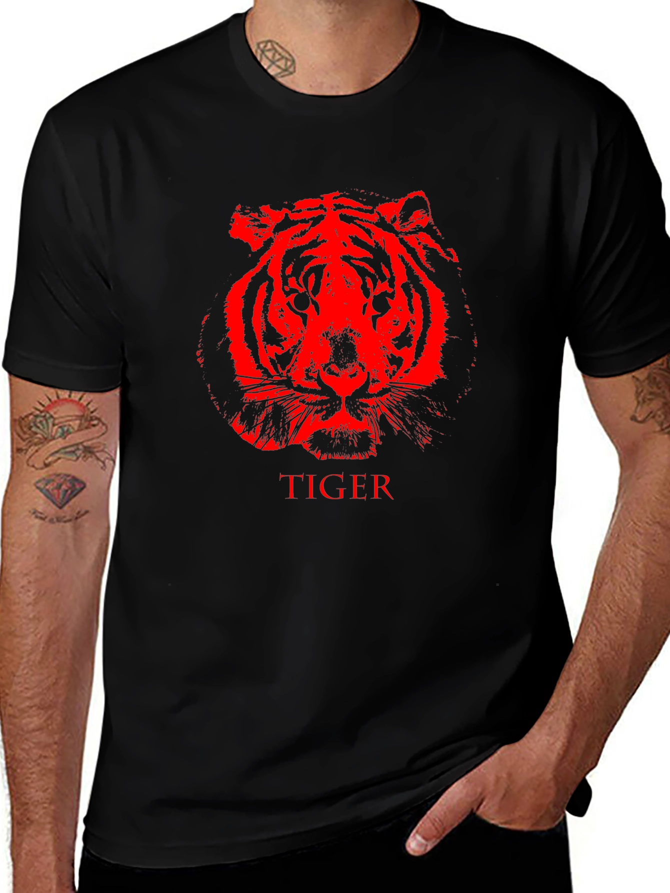 Red Tiger Graphic Black T-Shirt Animal Print
