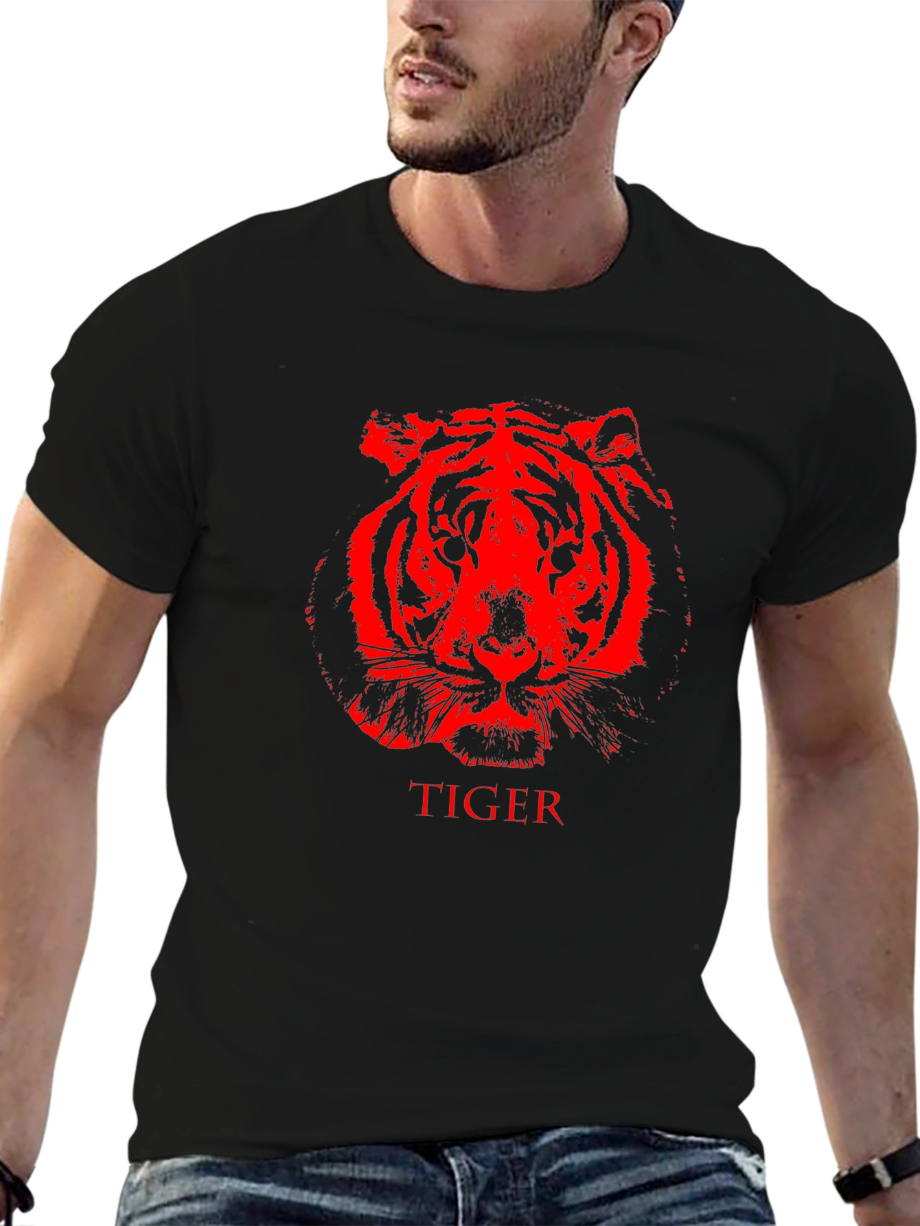 Red Tiger Graphic Black T-Shirt Animal Print