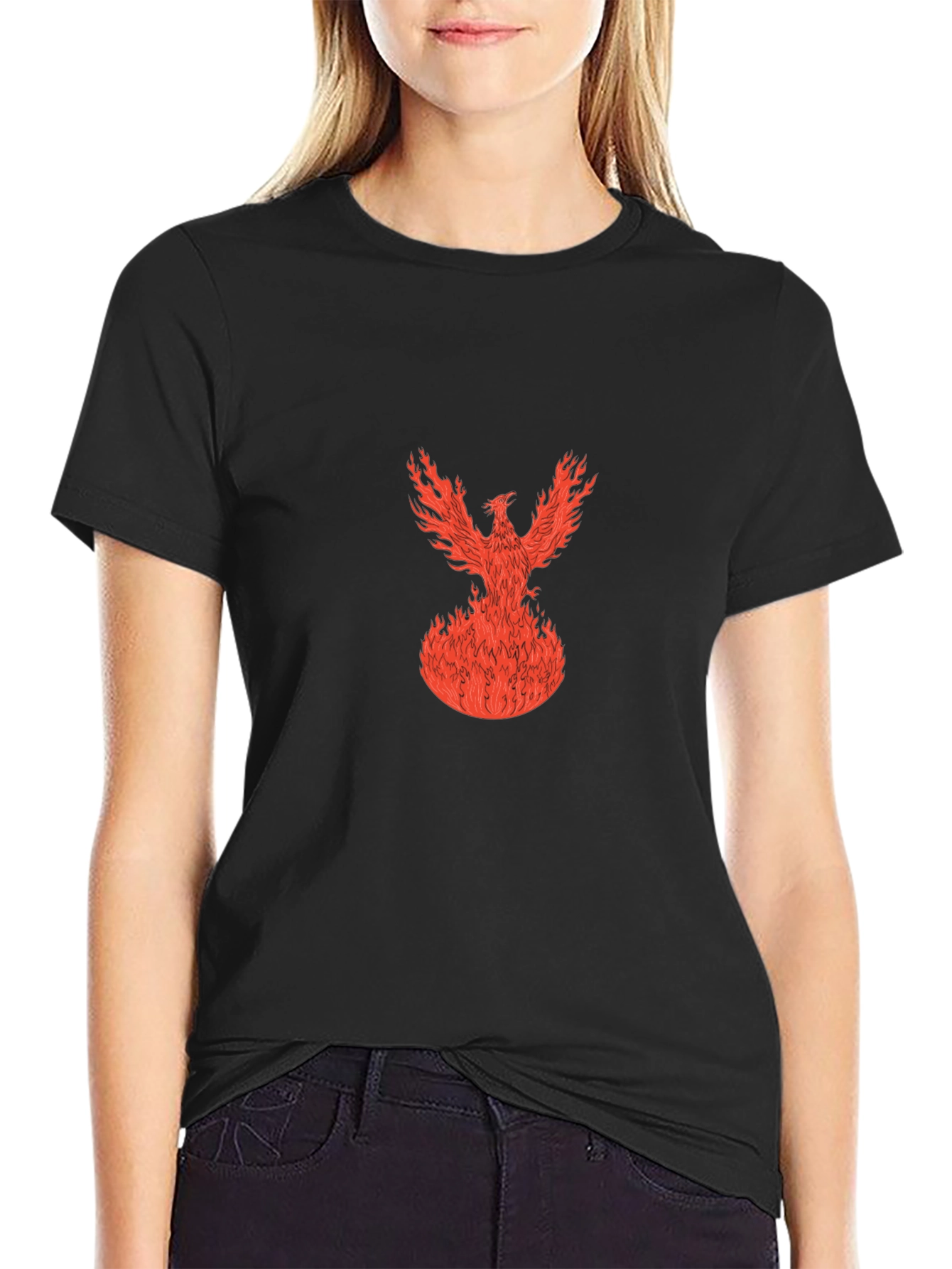 Fiery Phoenix Graphic Tee - Black Cotton
