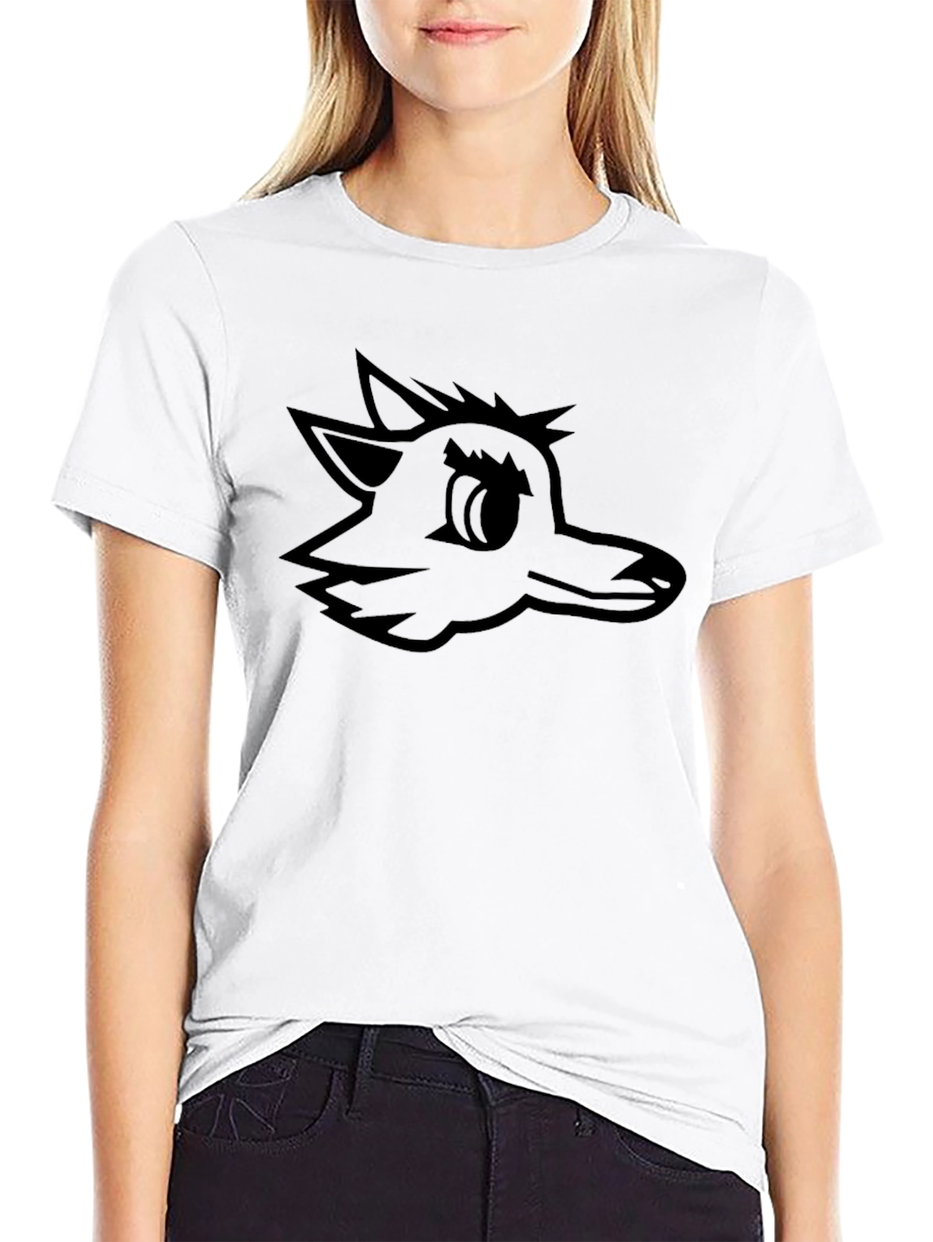 Black Tee with Cartoon Wolf Graphic
