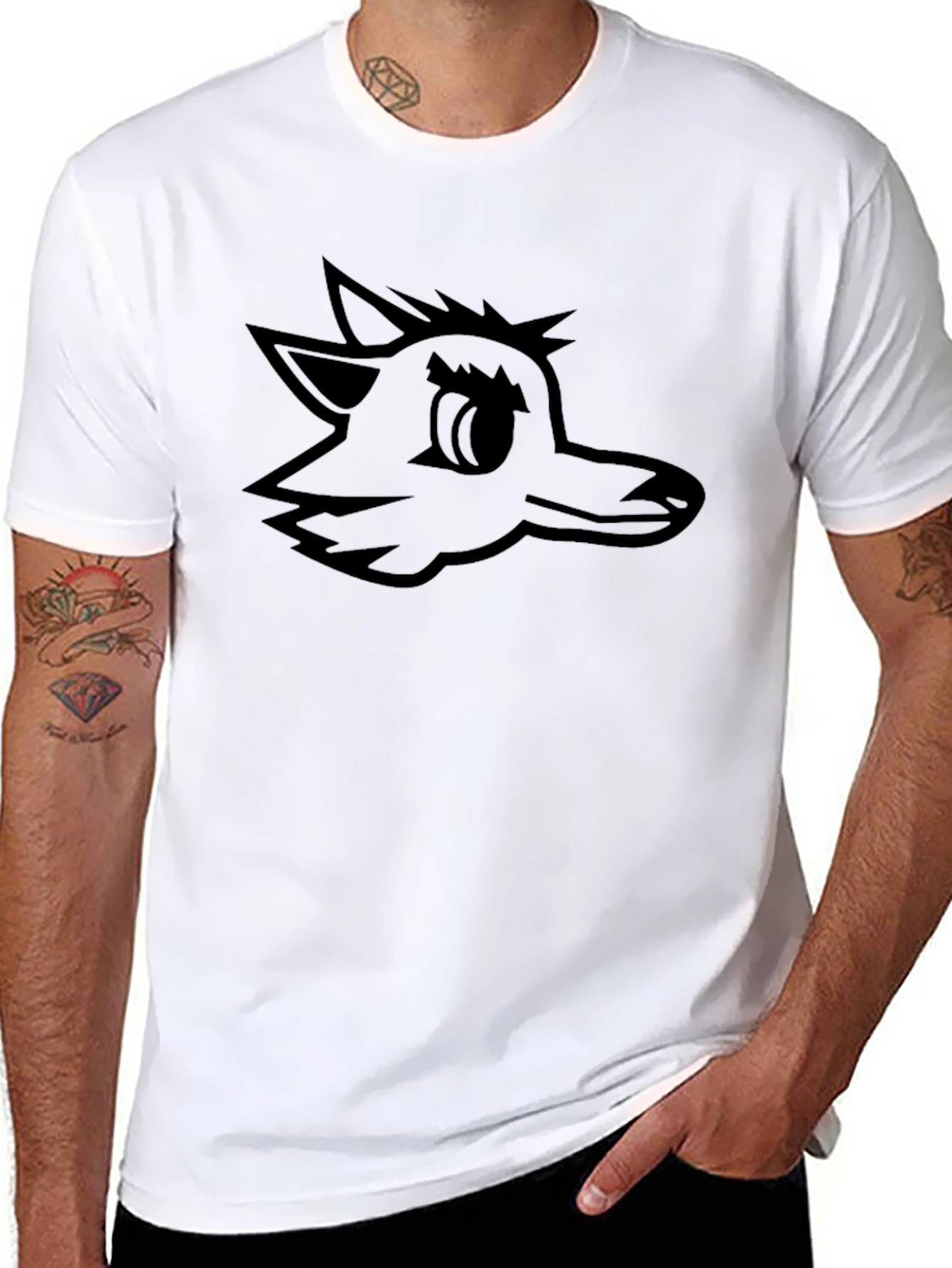 Black Tee with Cartoon Wolf Graphic