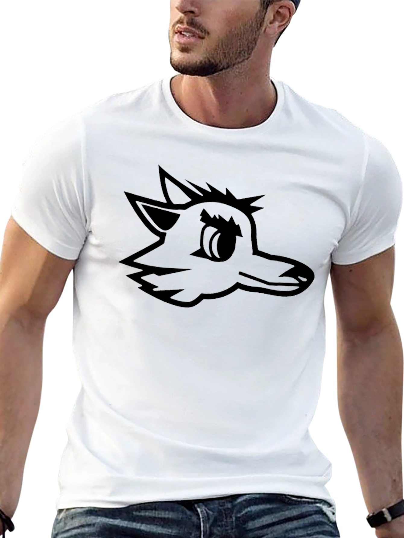 Black Tee with Cartoon Wolf Graphic