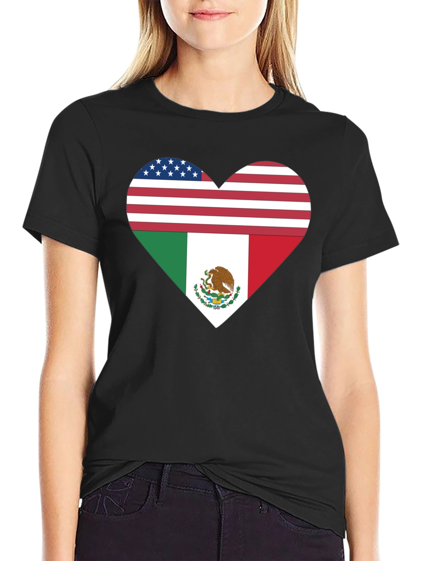 USA & Mexico Heart Flag Black T-Shirt