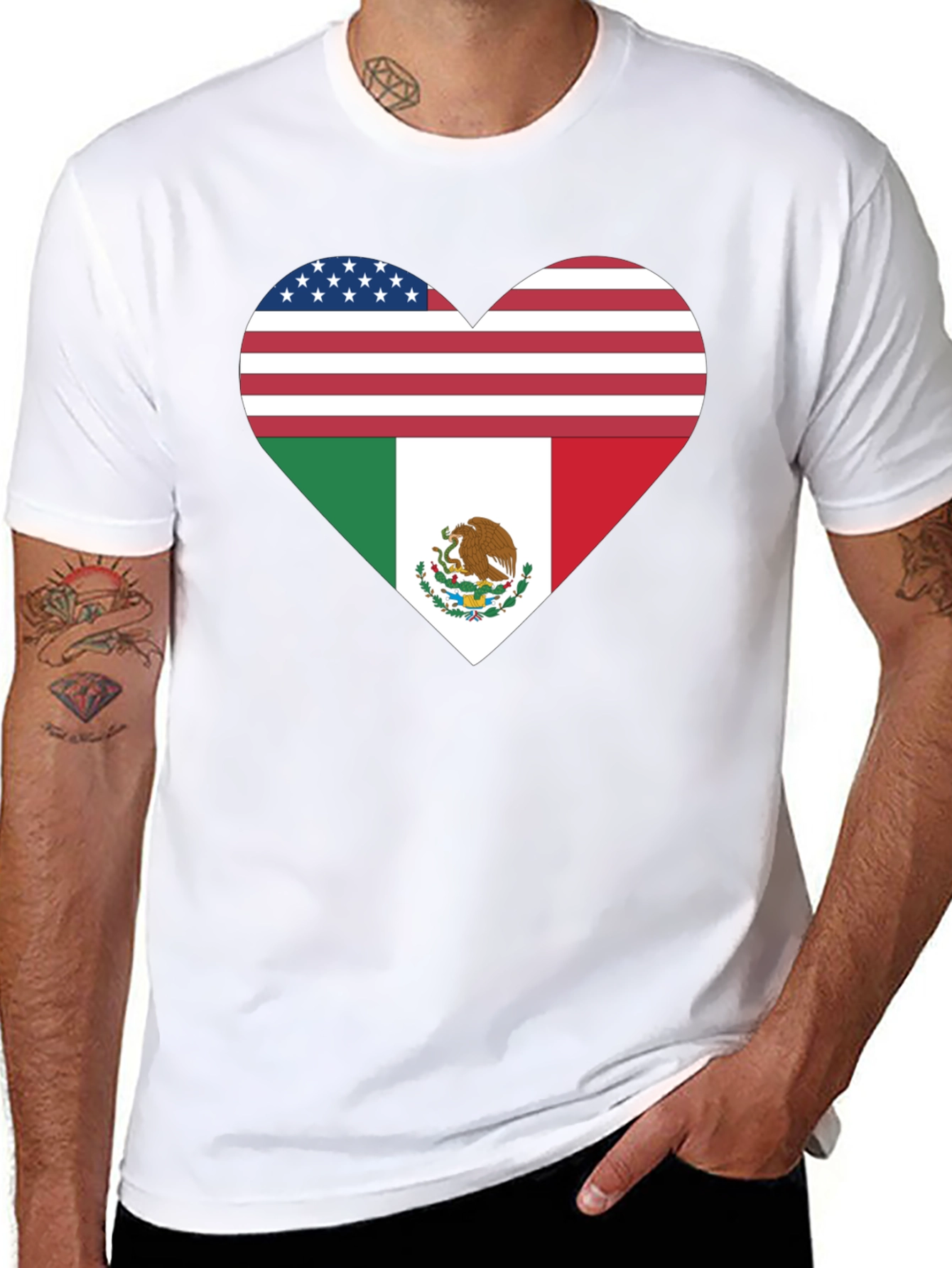 USA & Mexico Heart Flag Black T-Shirt