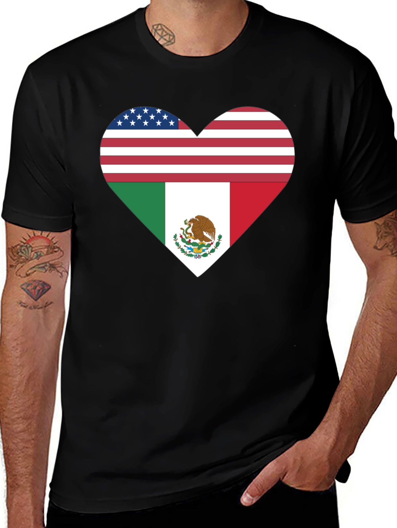 USA & Mexico Heart Flag Black T-Shirt