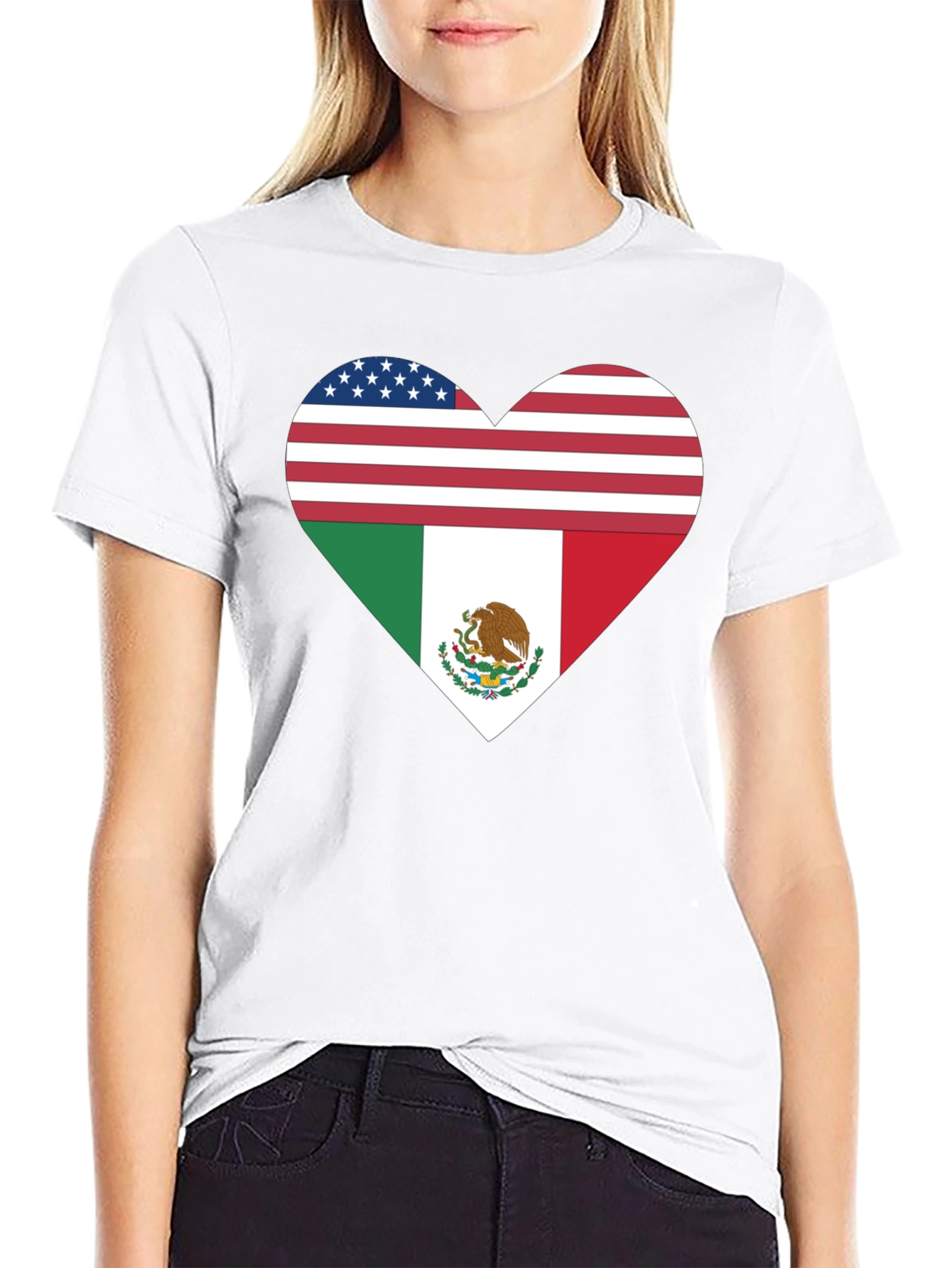 USA & Mexico Heart Flag Black T-Shirt