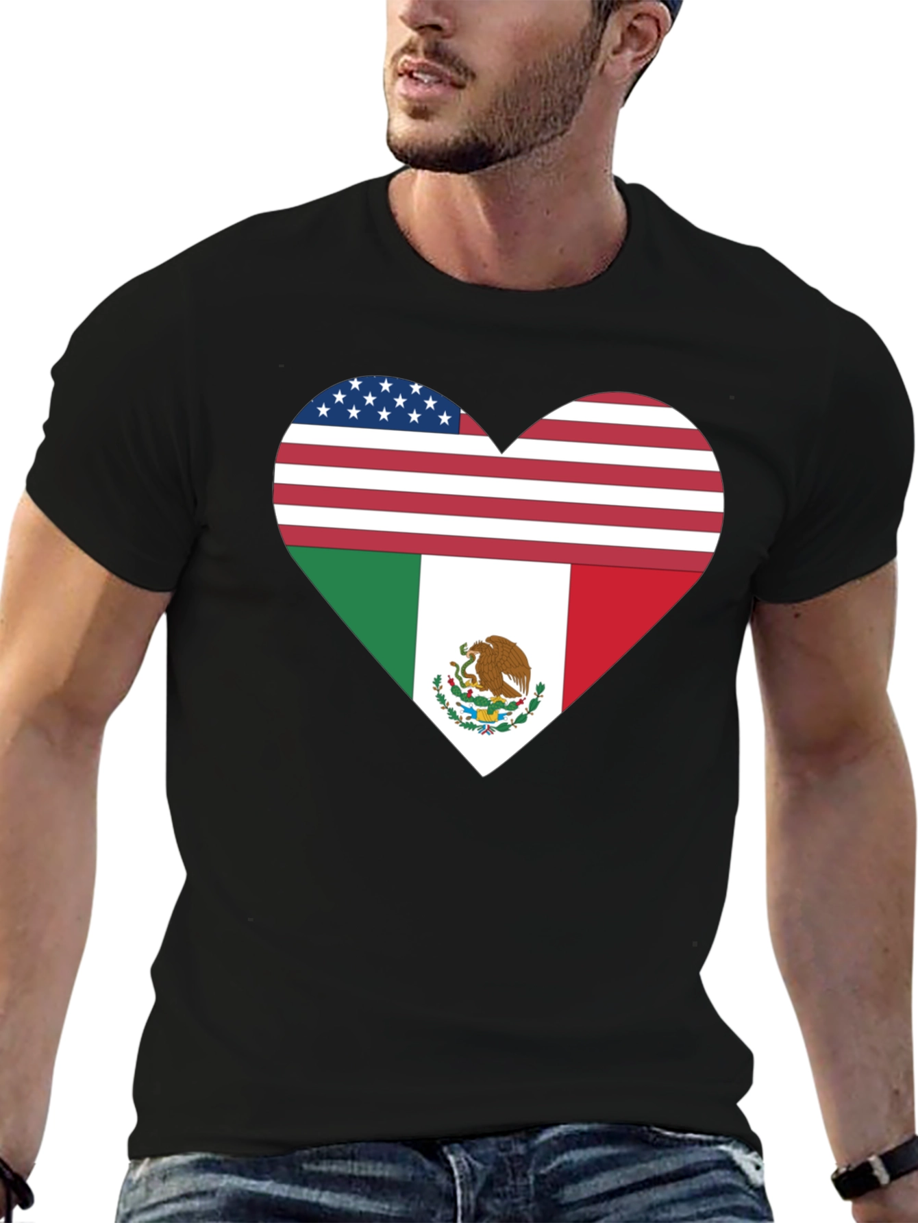 USA & Mexico Heart Flag Black T-Shirt