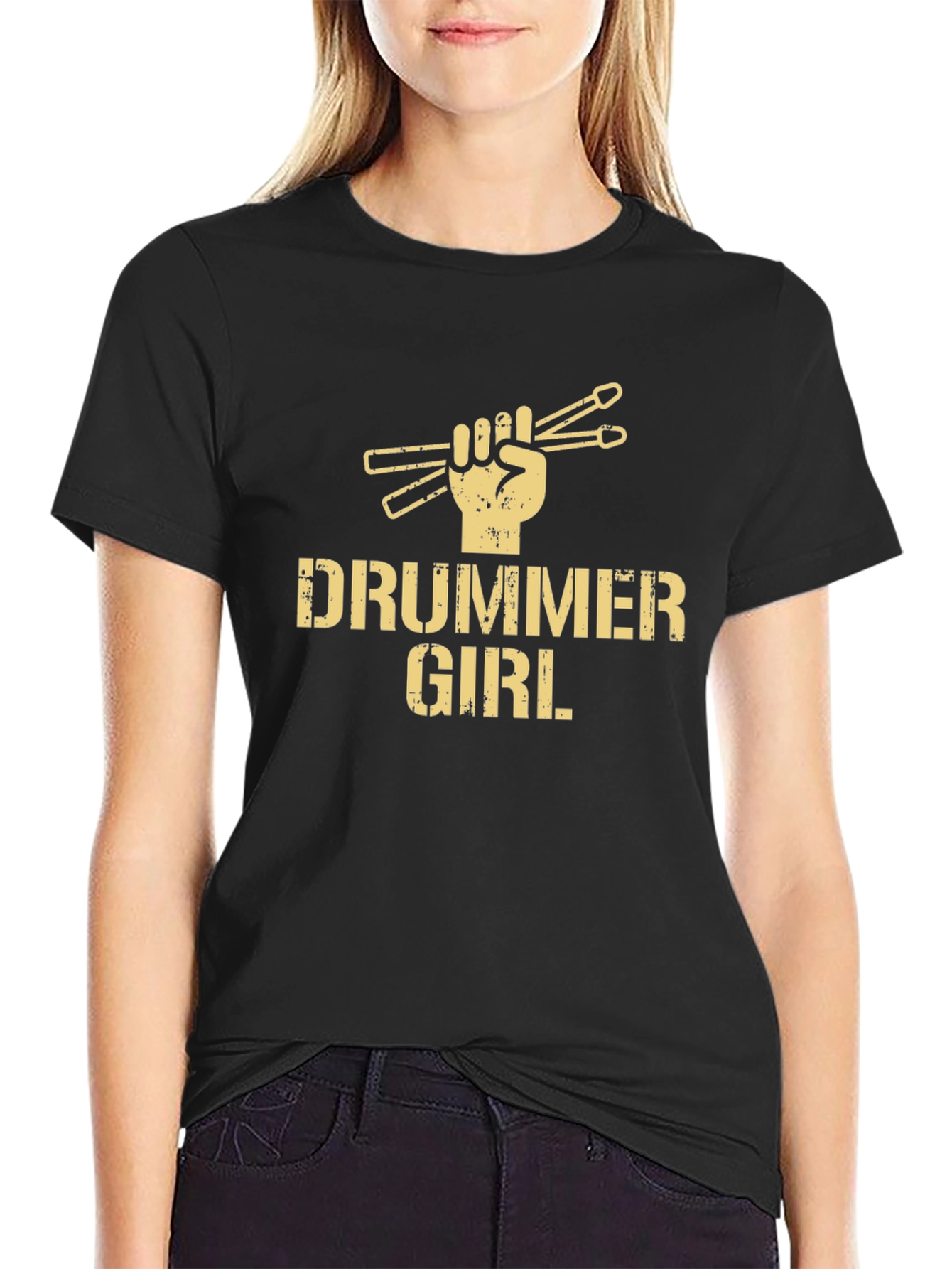 Drummer Girl Graphic T-Shirt - Black