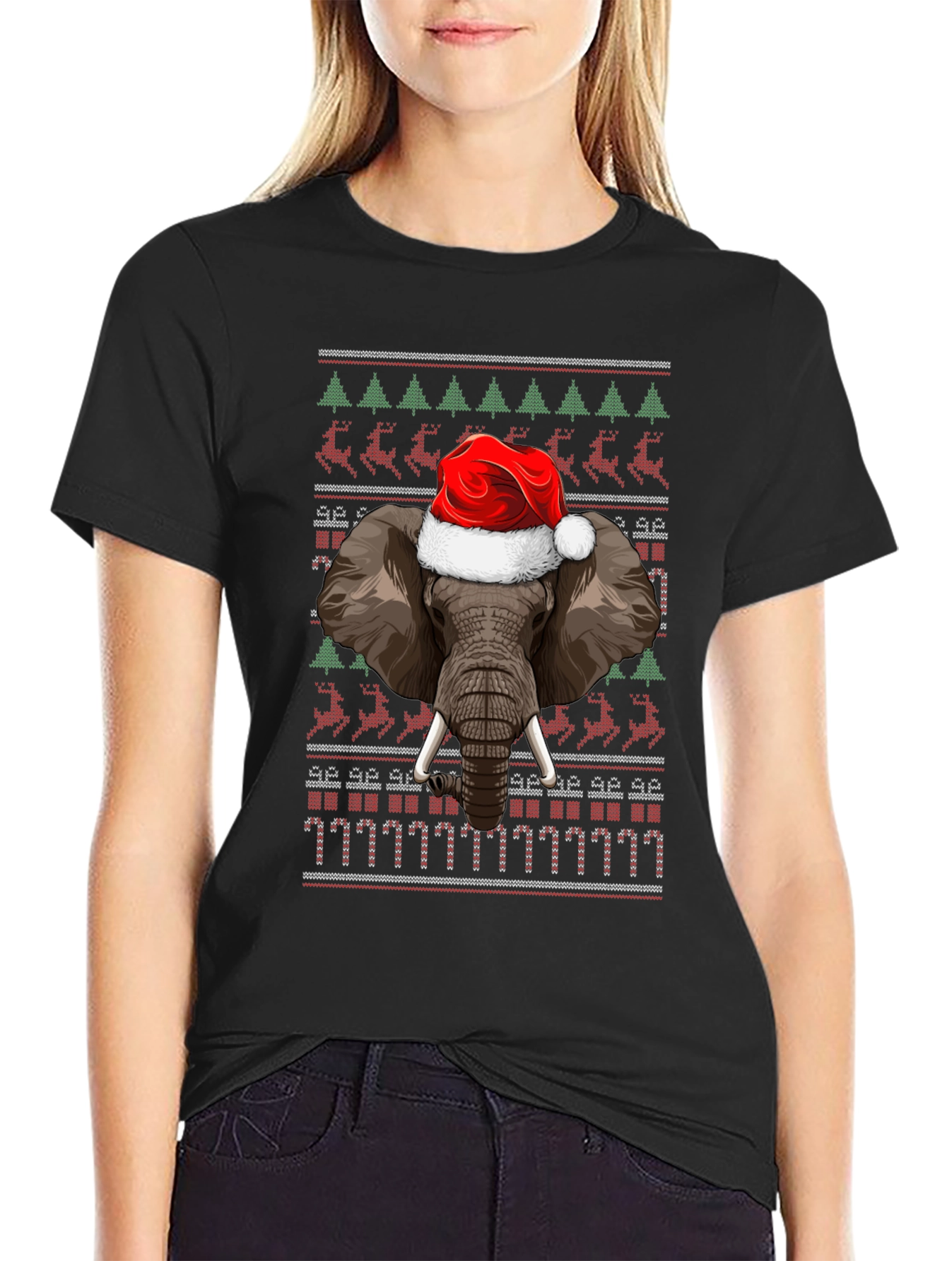 Christmas Elephant Santa Hat Ugly Sweater T-Shirt