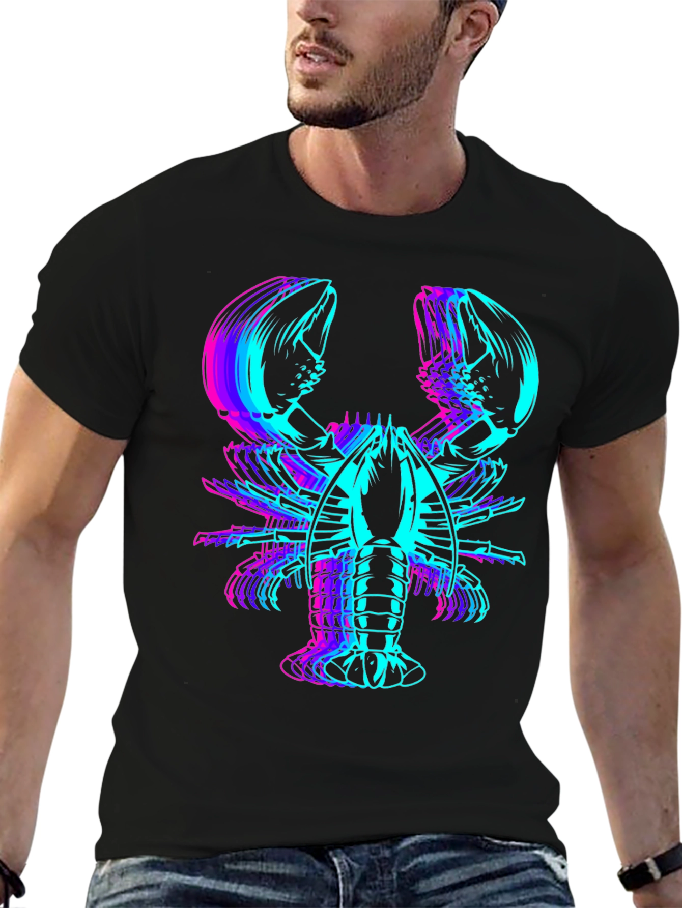 Vaporwave Lobster Graphic Tee - Black Cotton Blend