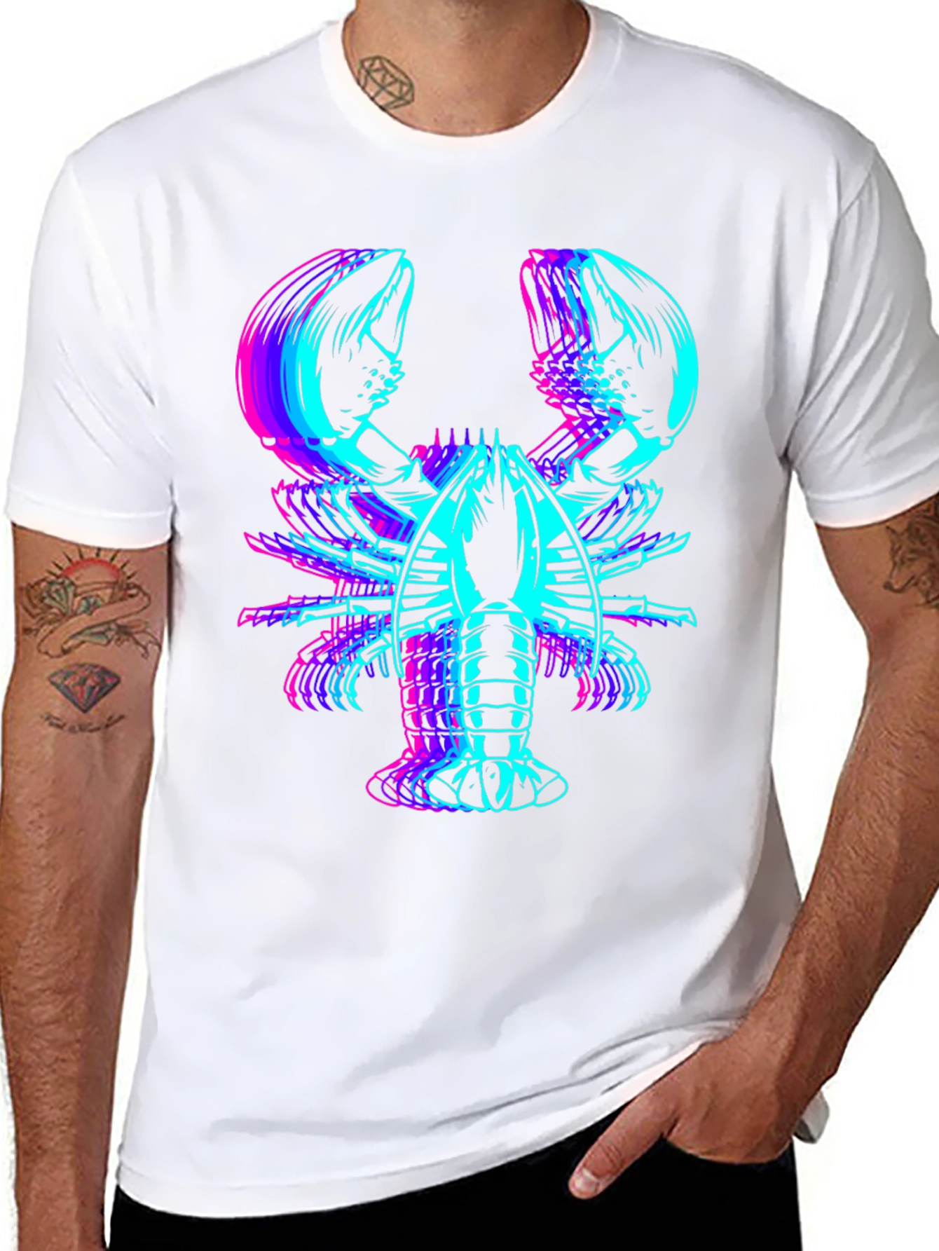 Vaporwave Lobster Graphic Tee - Black Cotton Blend