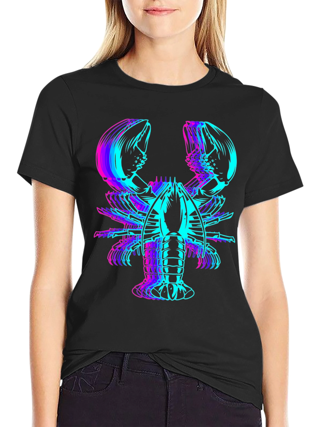 Vaporwave Lobster Graphic Tee - Black Cotton Blend