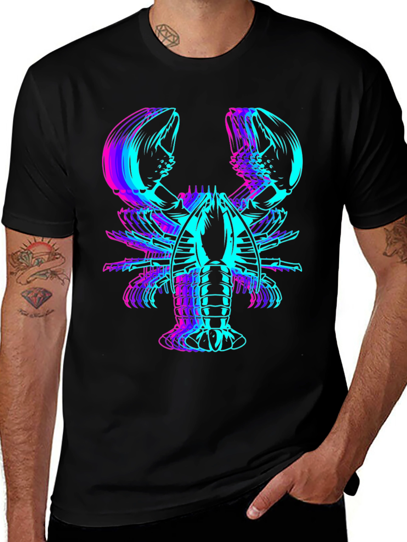 Vaporwave Lobster Graphic Tee - Black Cotton Blend