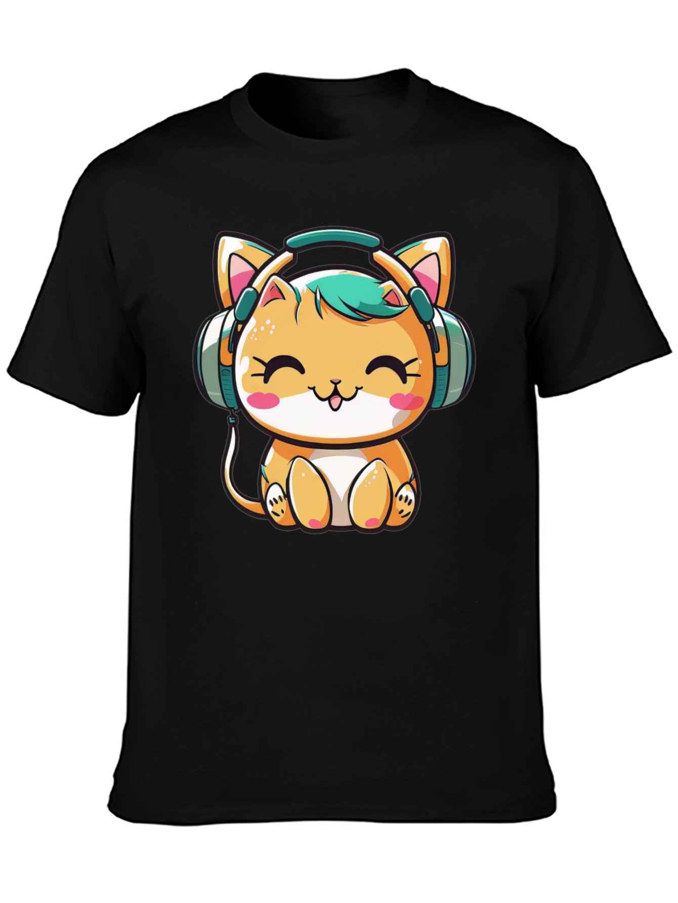 Cute Cat with Headphones Black T-Shirt