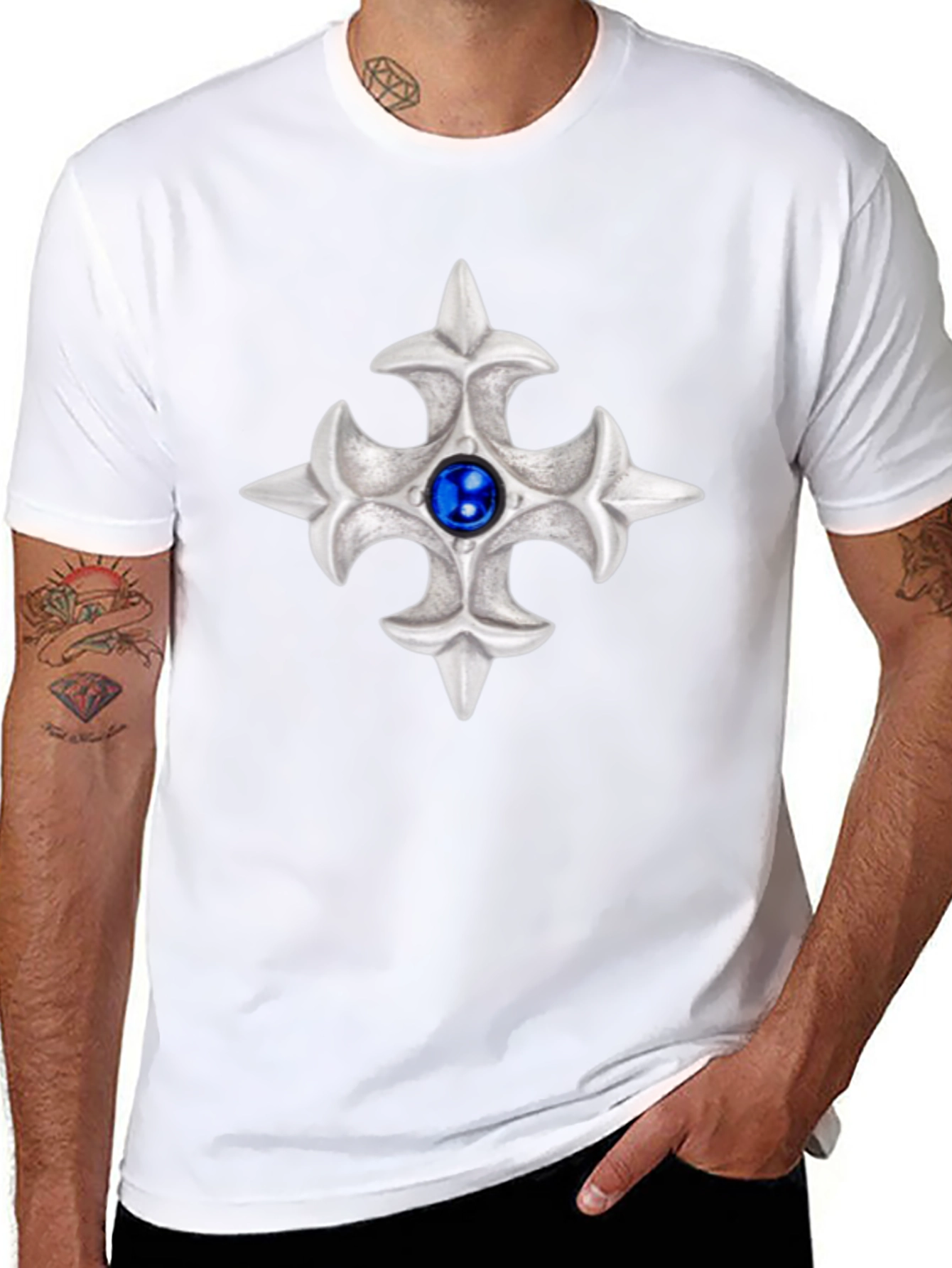 Embossed Silver Cross Graphic Tee - Modern Style