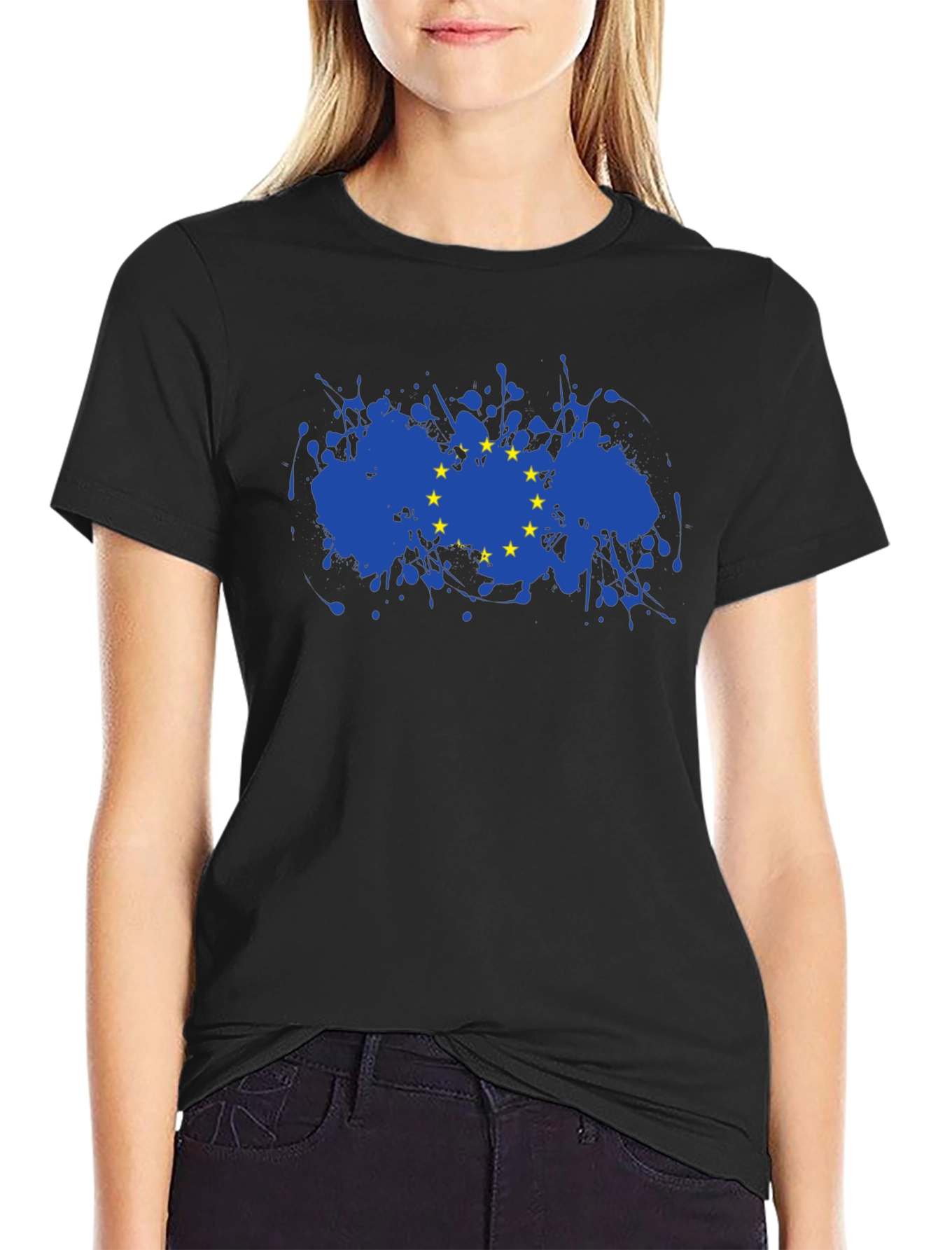EU Flag Splatter T-Shirt - Black Cotton Blend Tee