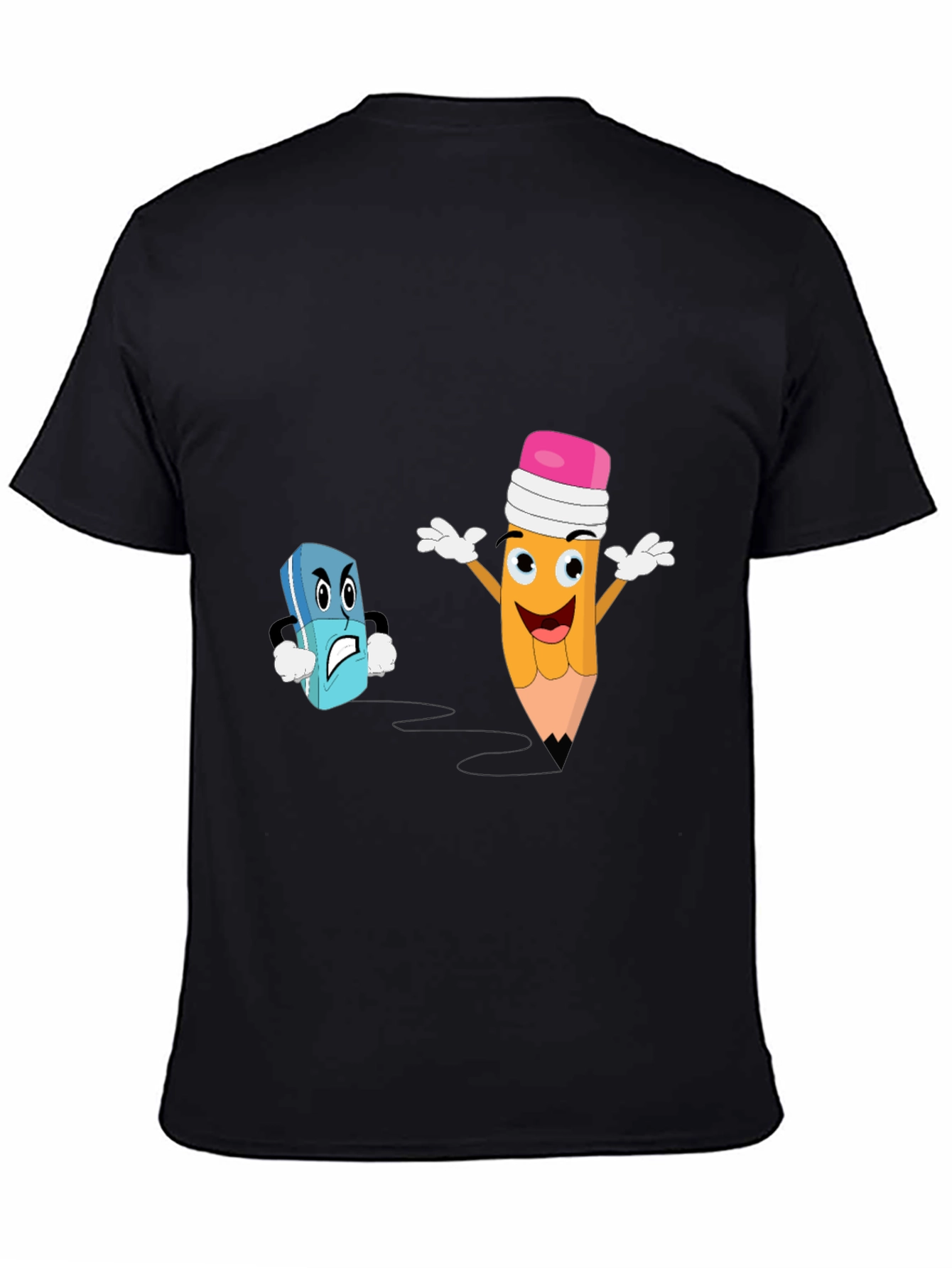 Funny Pencil vs Eraser Cartoon Black T-Shirt