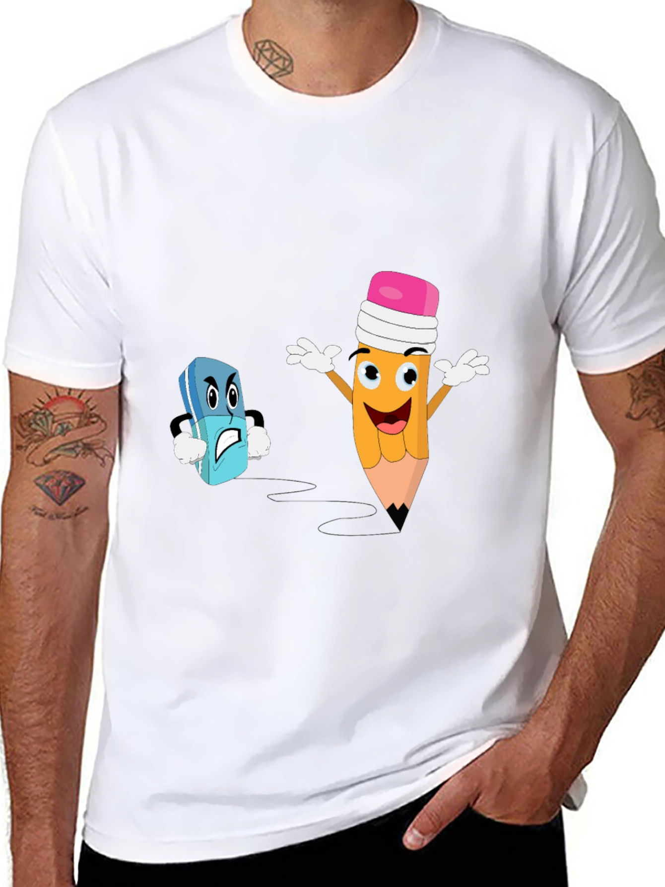 Funny Pencil vs Eraser Cartoon Black T-Shirt