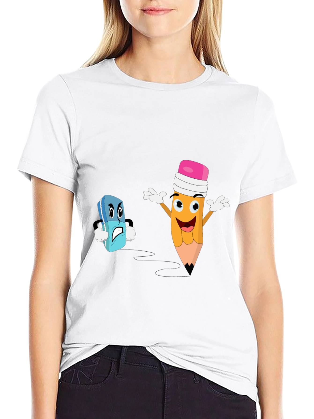 Funny Pencil vs Eraser Cartoon Black T-Shirt