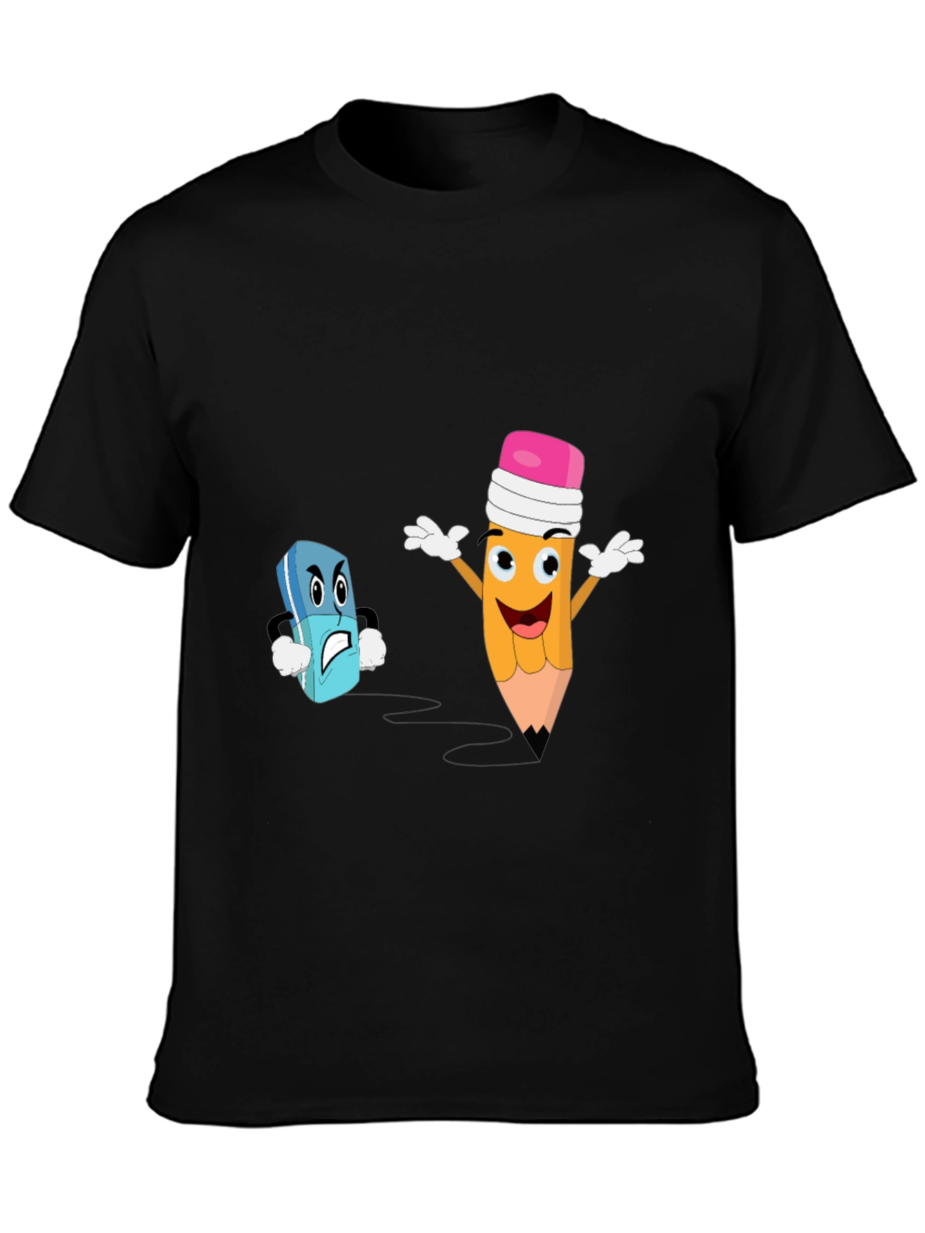 Funny Pencil vs Eraser Cartoon Black T-Shirt