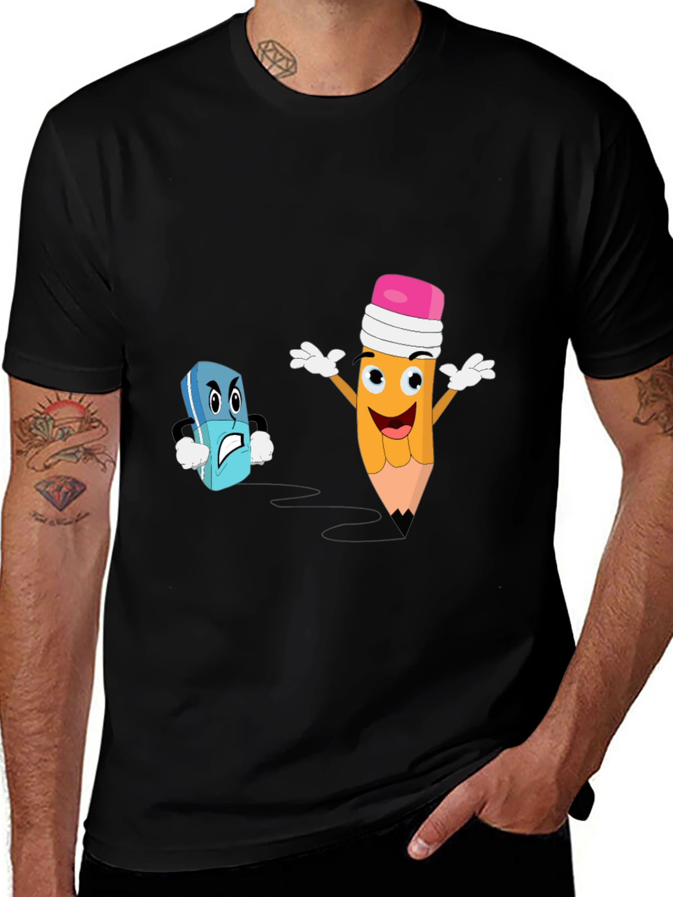 Funny Pencil vs Eraser Cartoon Black T-Shirt