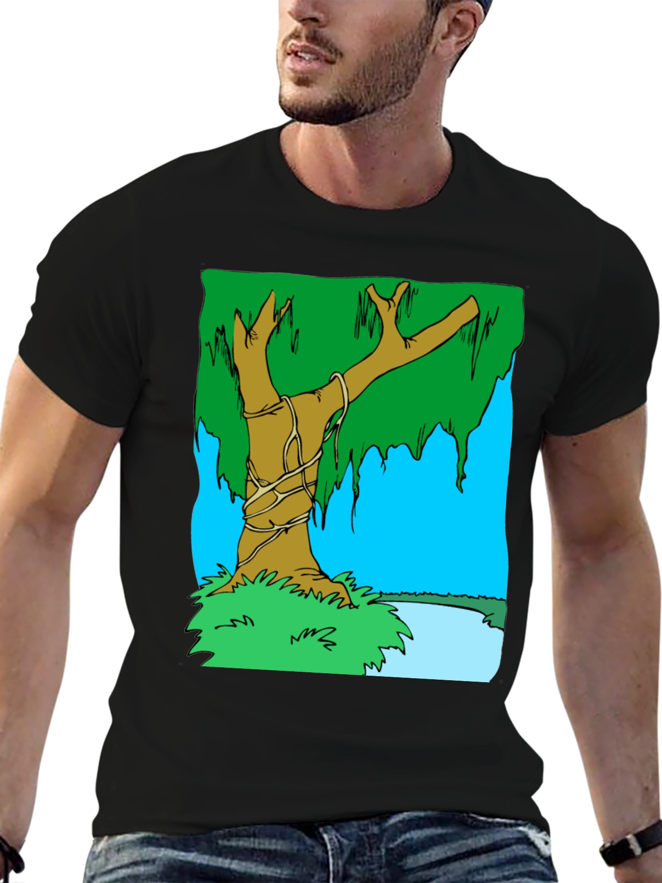 Cartoon Tree Graphic T-Shirt - Black