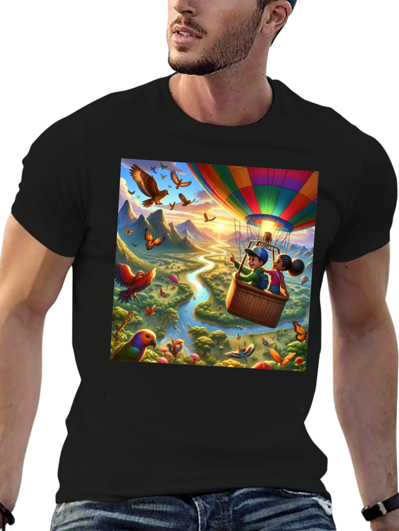 Cartoon Hot Air Balloon River Adventure T-Shirt