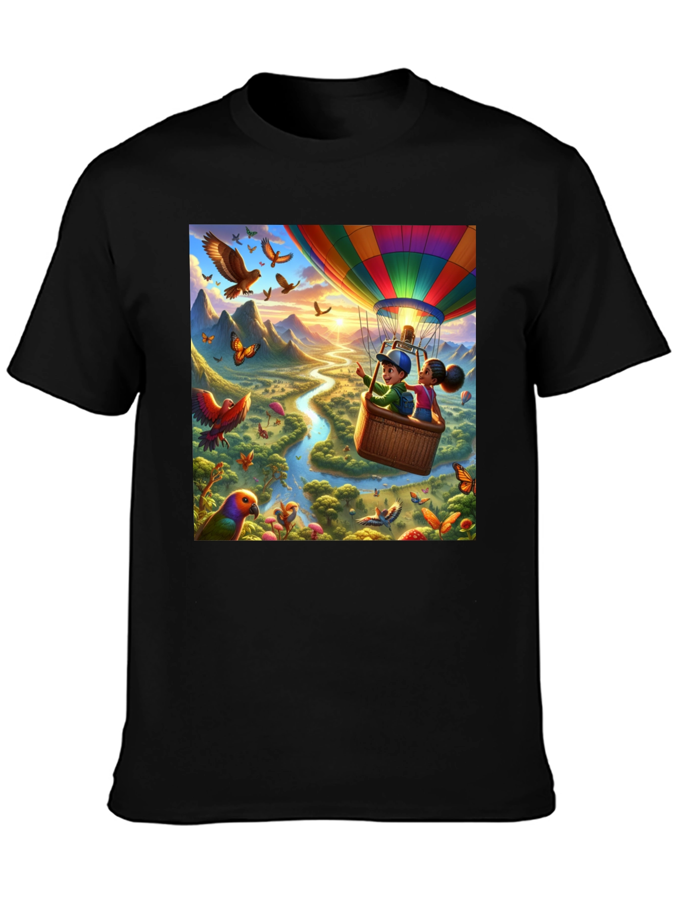 Cartoon Hot Air Balloon River Adventure T-Shirt