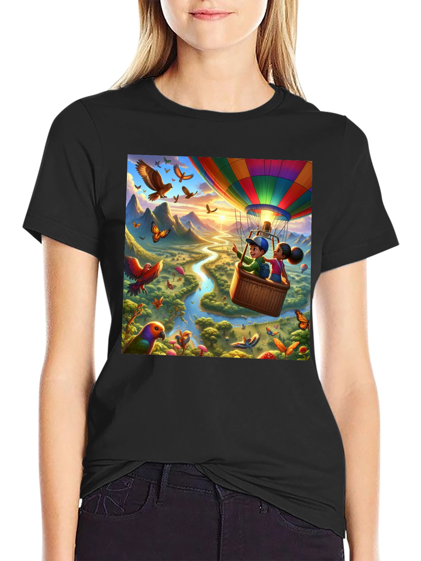Cartoon Hot Air Balloon River Adventure T-Shirt