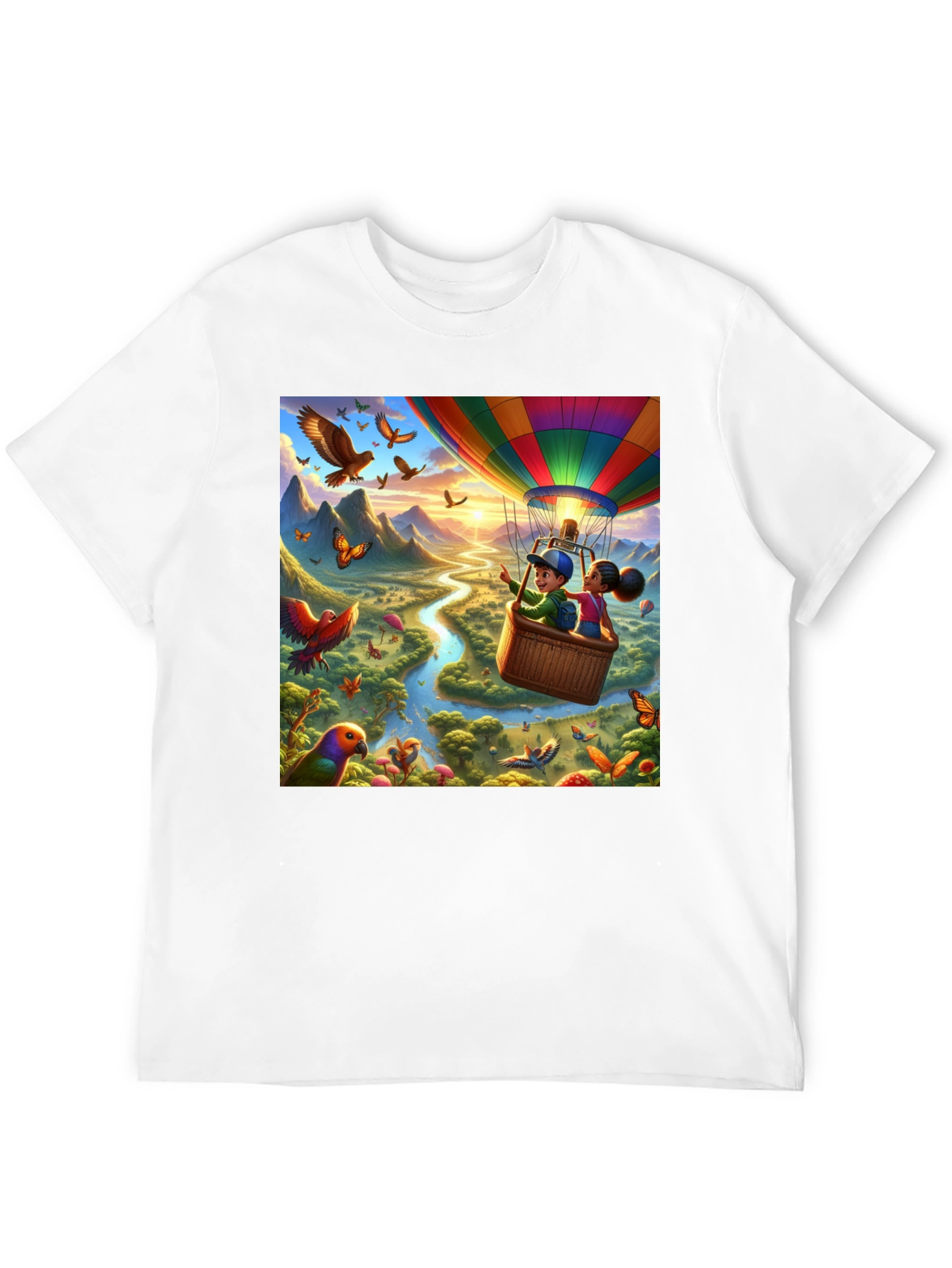 Cartoon Hot Air Balloon River Adventure T-Shirt