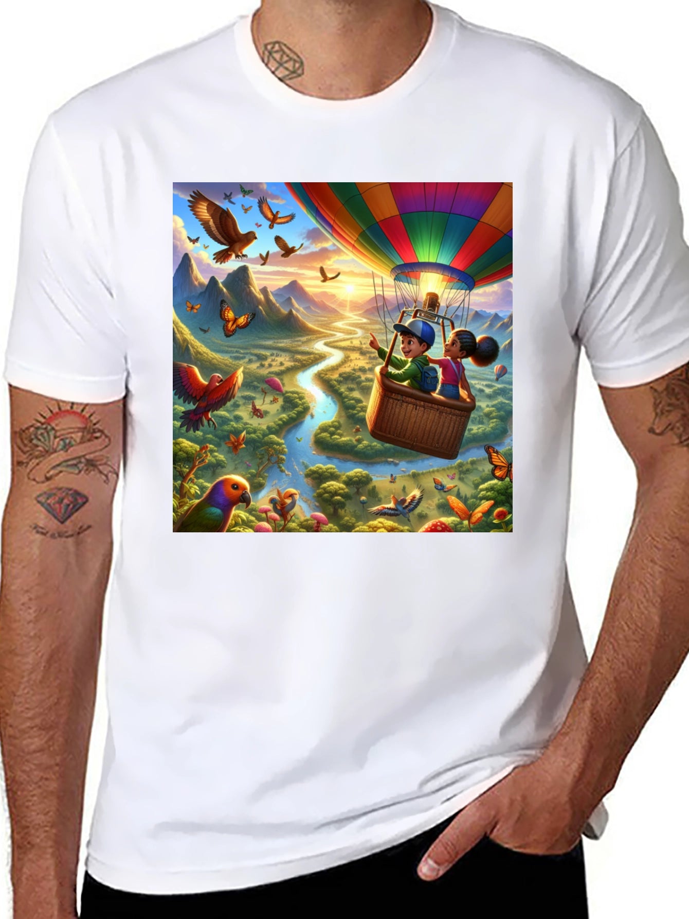 Cartoon Hot Air Balloon River Adventure T-Shirt