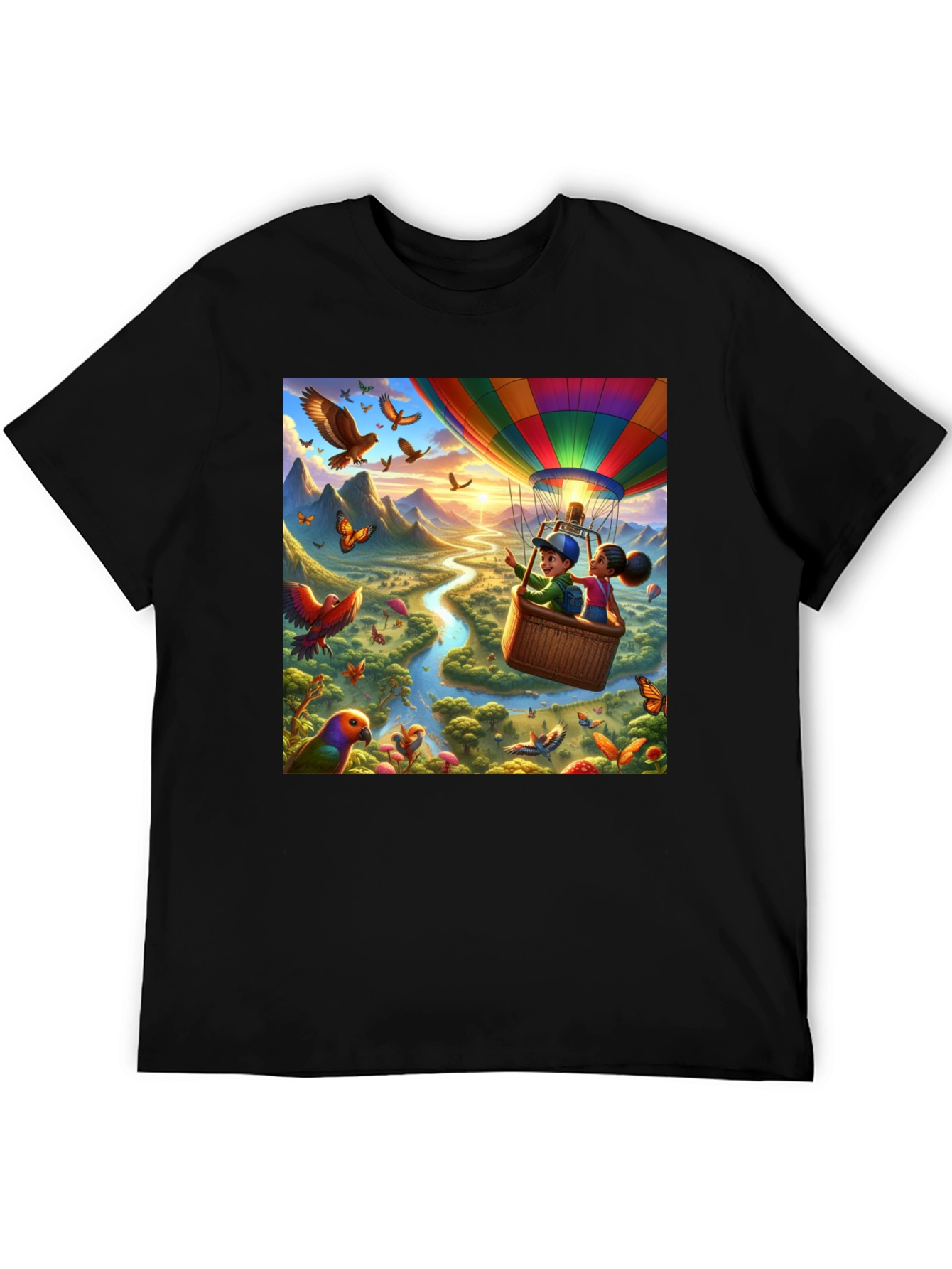 Cartoon Hot Air Balloon River Adventure T-Shirt